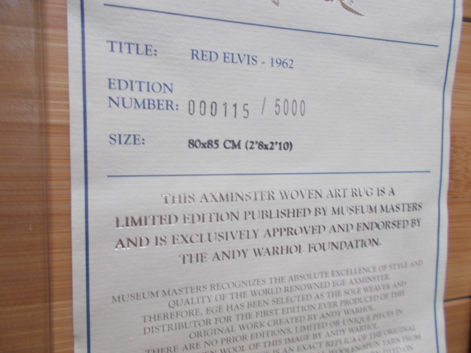 ANDY WARHOL AREA RUG WALL HANGING RED ELVIS PRESLEY 32″ X 34″ BY EGE FROM 1997