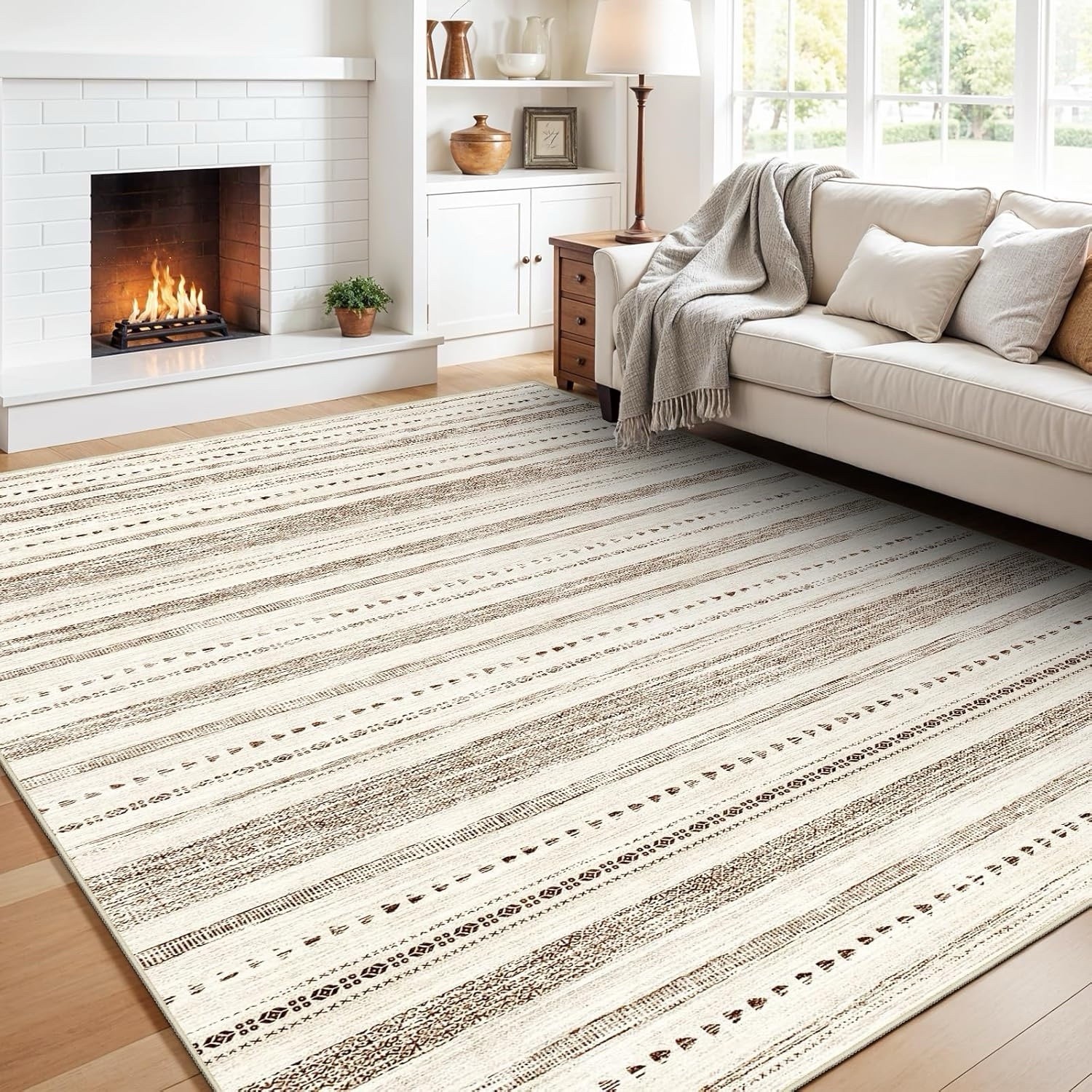 Washable Moroccan Area Rug, Non-Slip Farmhouse Geometric Carpet, Brown, 5’x7′
