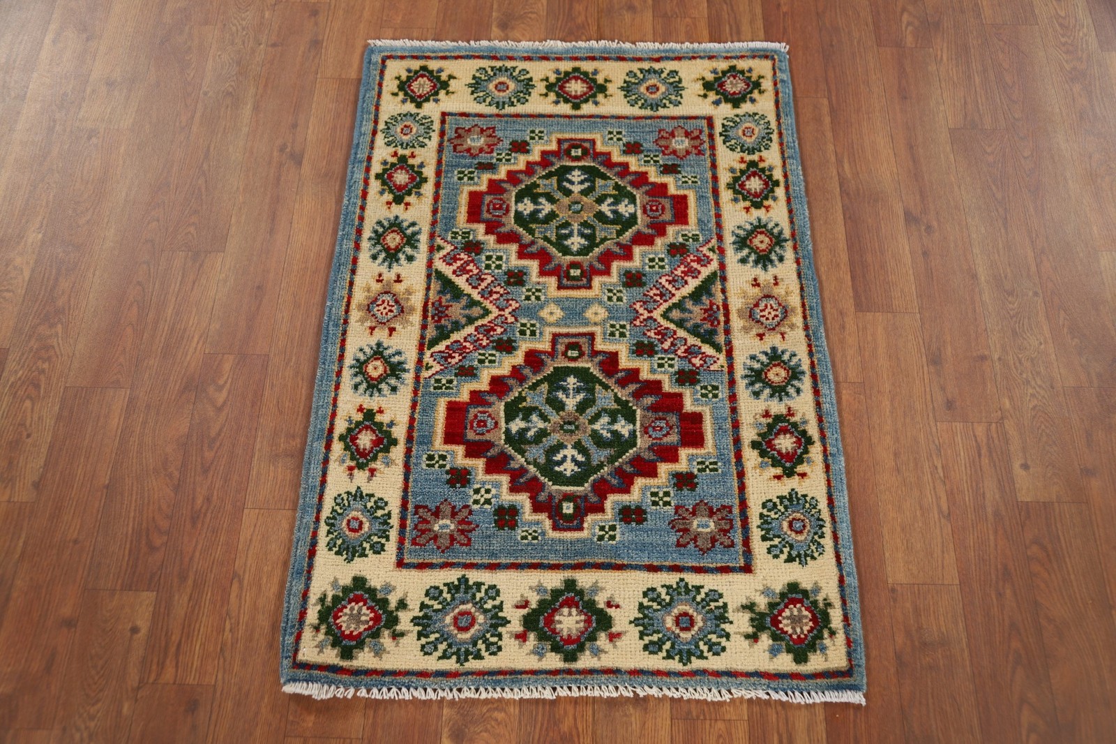Light Blue Kazak Accent Rug 2×3 Ft Hand-Knotted Oriental Wool Carpet Geometric