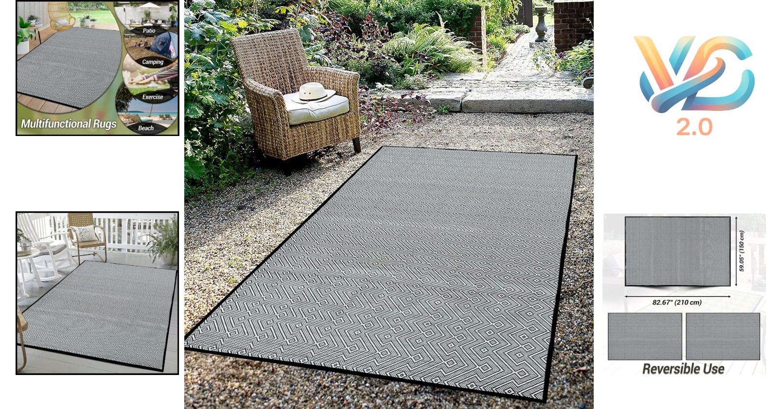 Weatherproof 7×5 ft Outdoor Patio Rug Recycled Plastic Foldable Reversible Bl…