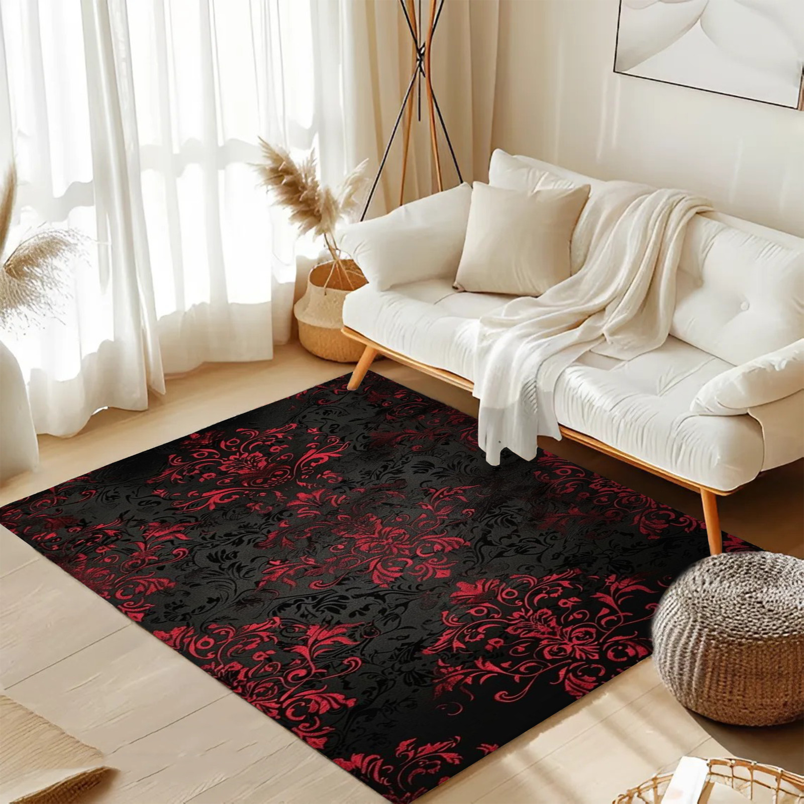 Black Red Gothic Damask Area Rug Vintage Victorian Non-Slip Living Room Carpet