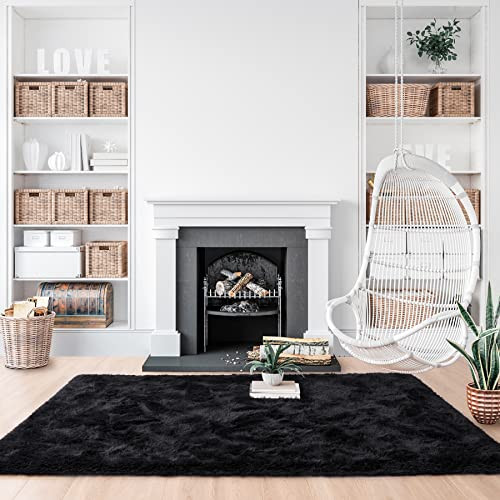 Fluffy Bedroom Rug Carpet,Shaggy Fuzzy Rugs for Bedroom,Soft 4×5.3 Feet Black