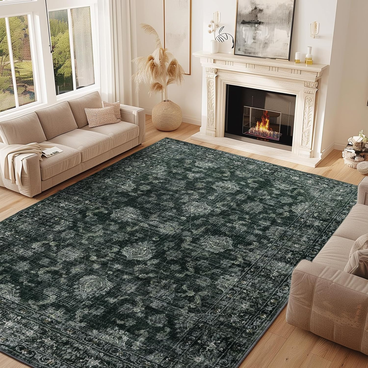 3X5 Pink Washable Rug – Vintage Floral Low Pile Area Rug for Bedroom, Girls Room