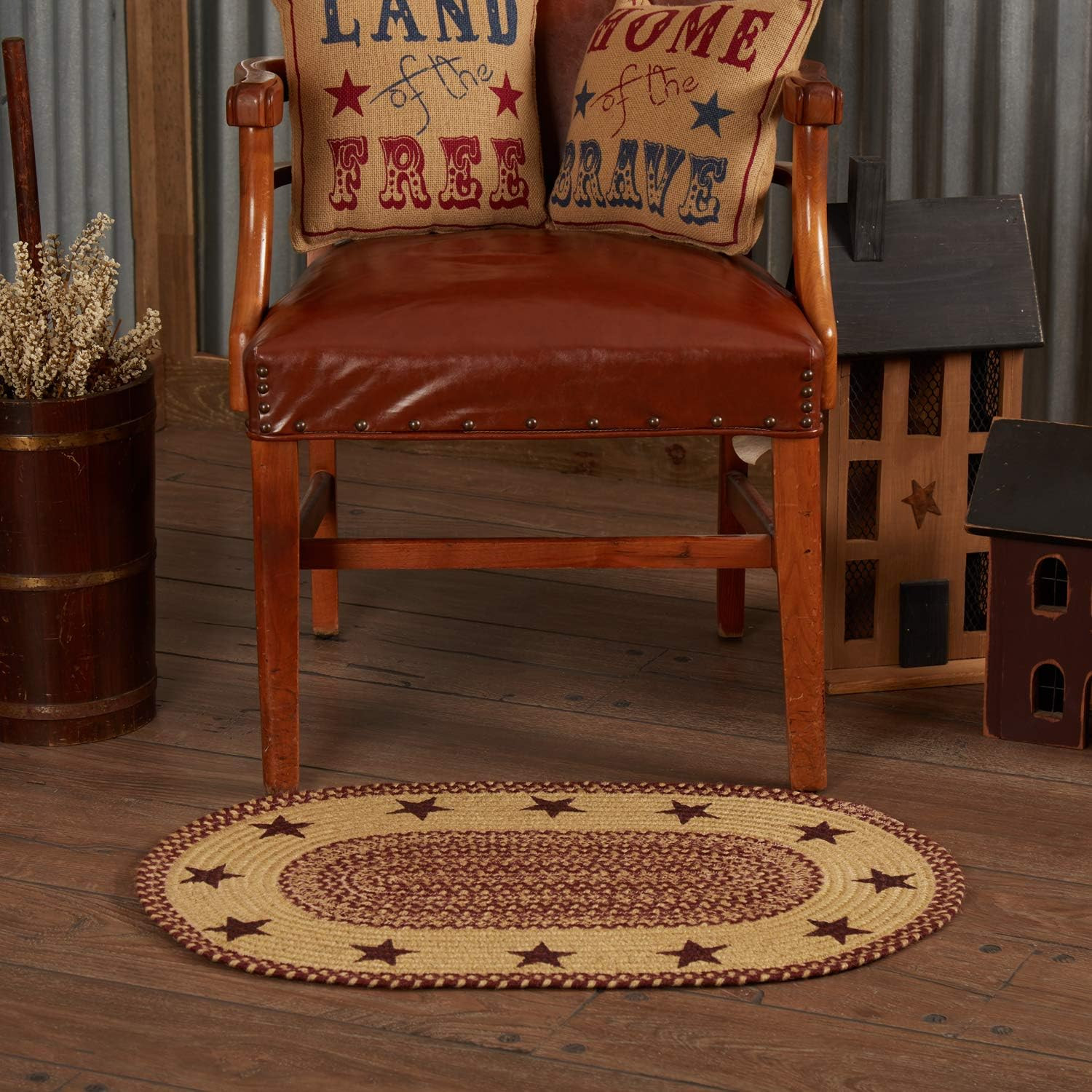 Burgundy Tan Oval Jute Rug with Stars and Pad – 20″x30