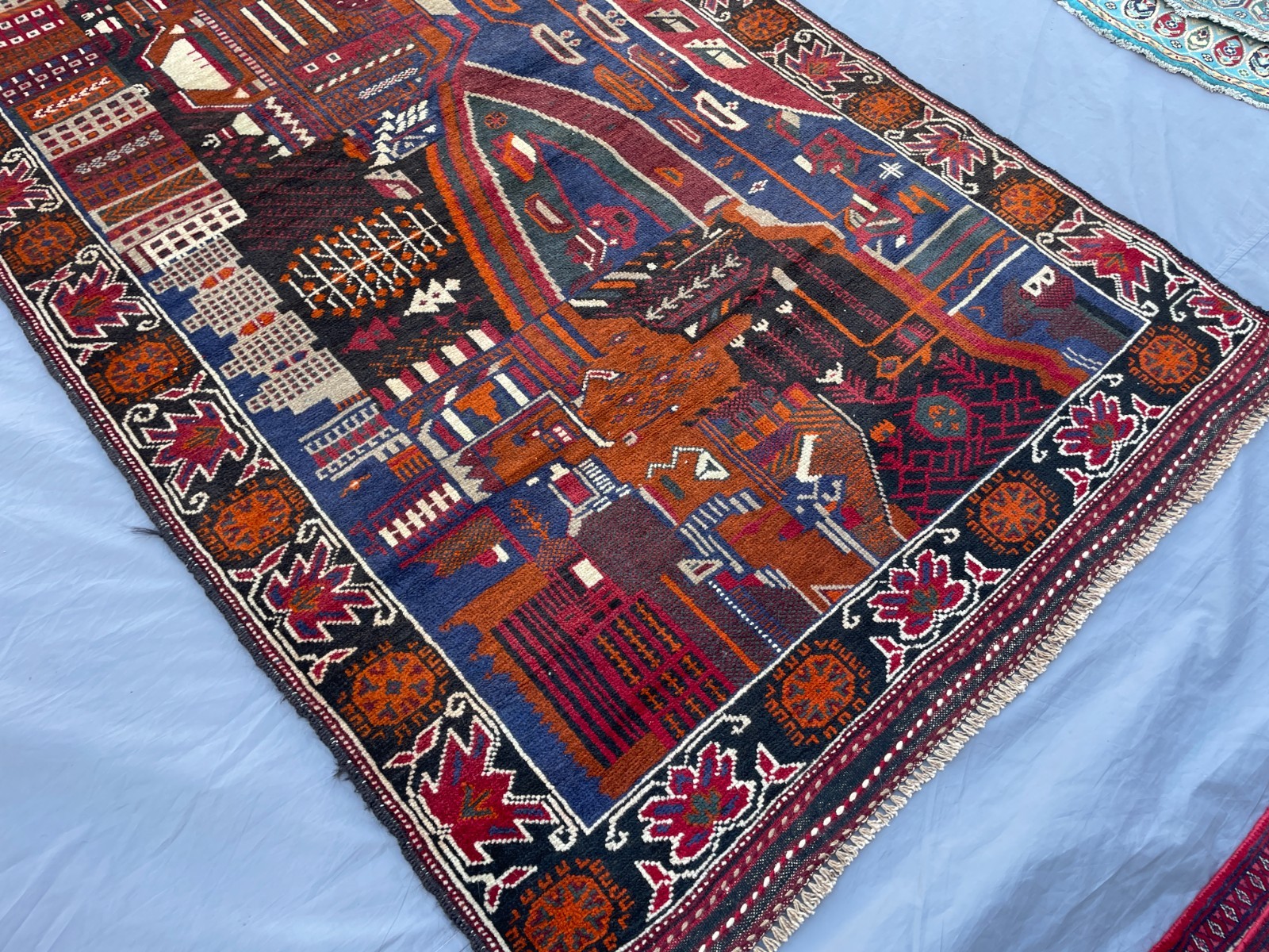 3×6 Afghan Pictorial War Rug Handmade Baluchi Wool City Scene Carpet With Road