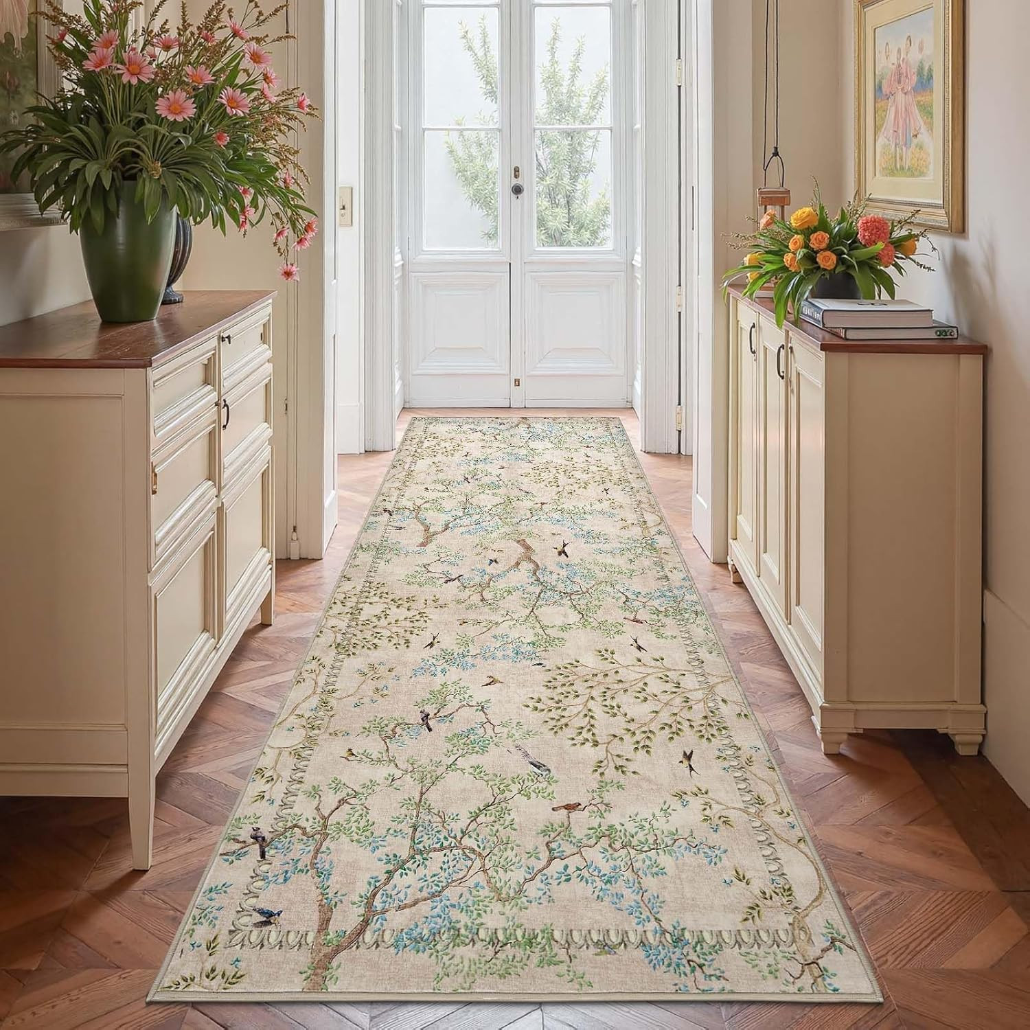 Yarden Beige Botanical Birds 3×10 Runner Rug for Hallway Washable Non Slip Soft