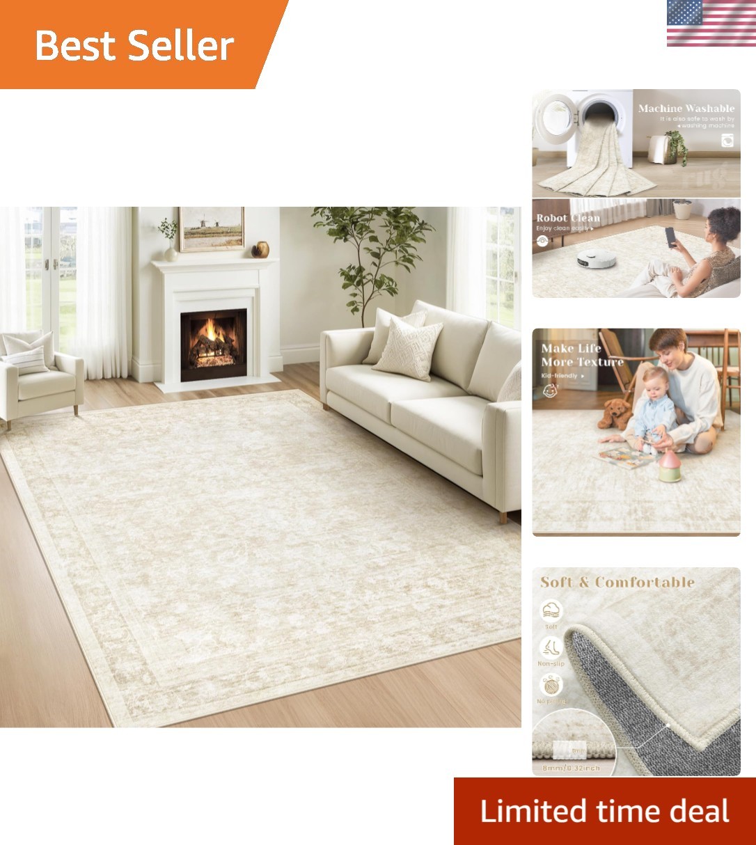 Machine Washable 6×9 Floral Area Rug: Soft, Stain Resistant & Perfect for Kids