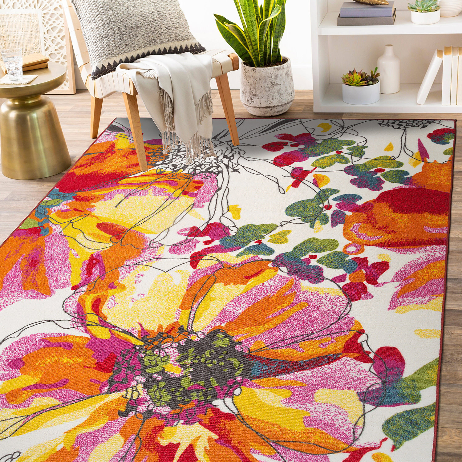 Rugshop Area Rug Modern Bright Flowers Non-Slip Rugs for Bedroom Living Room Rug
