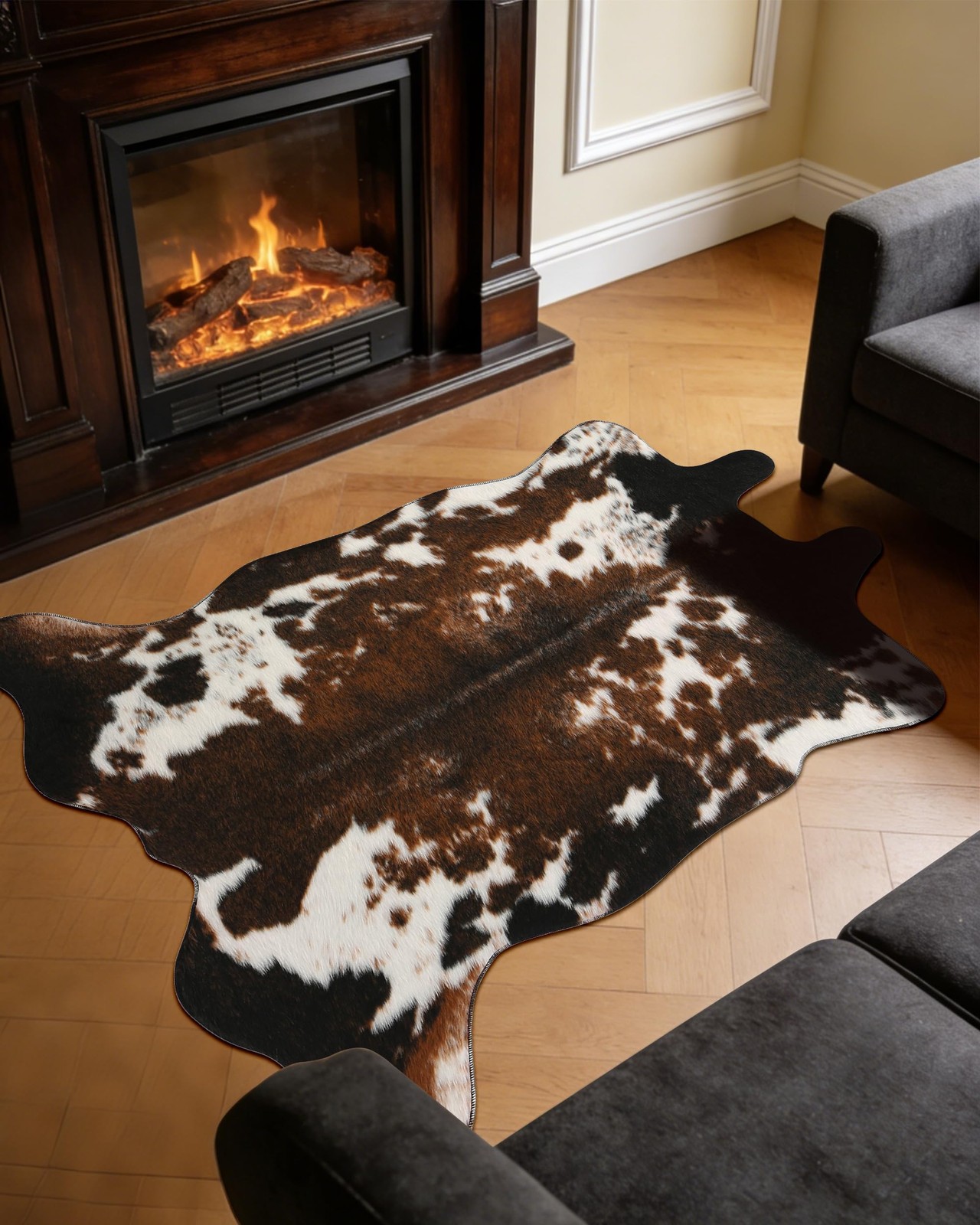 Kacvtuy Faux Fur Cowhide Rug Cow Print 4.6X5.2 Feet Rustic Western Decor Carpet