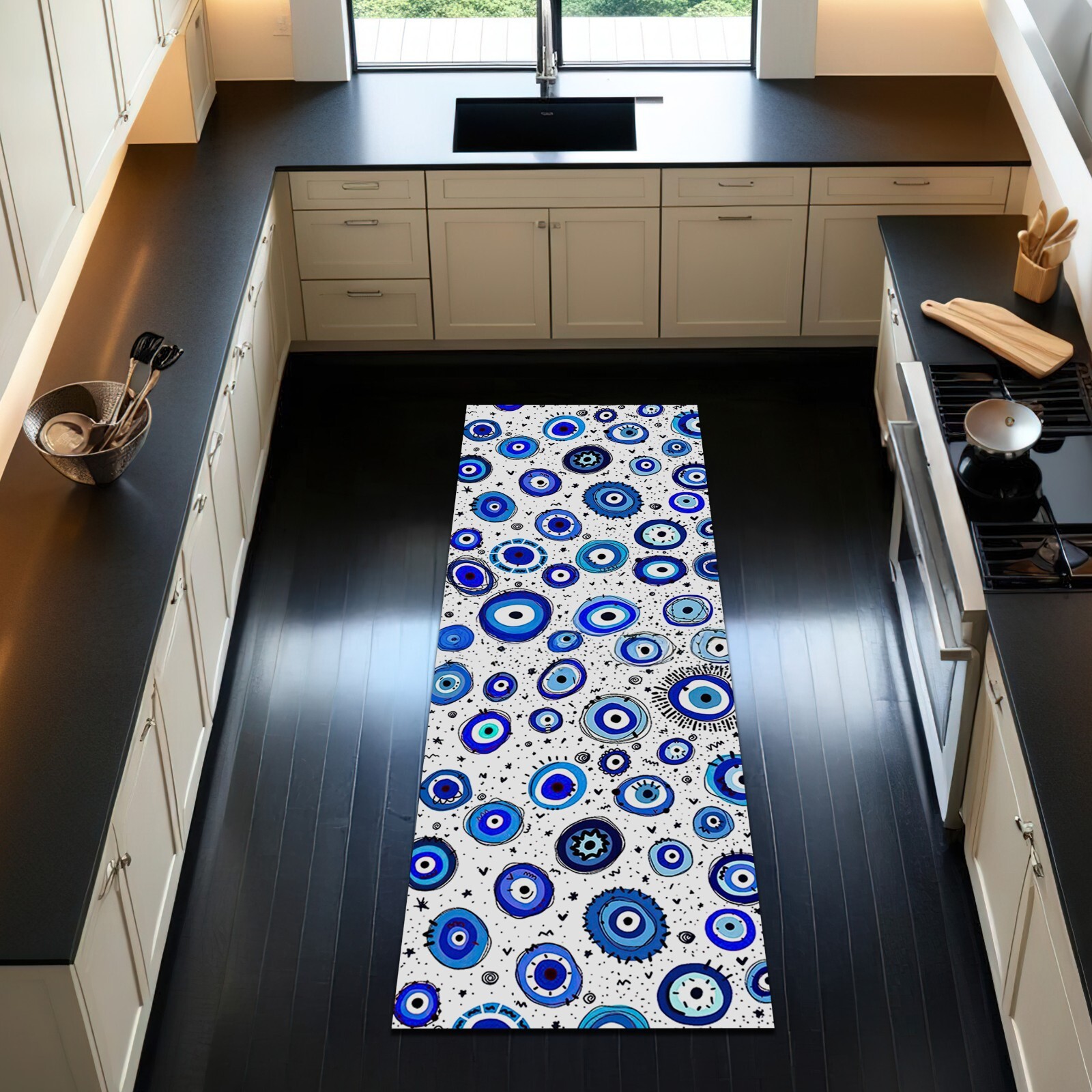 Evil Eye Pattern Runner Rug Boho Spiritual Decor Nonslip Washable Protective Mat