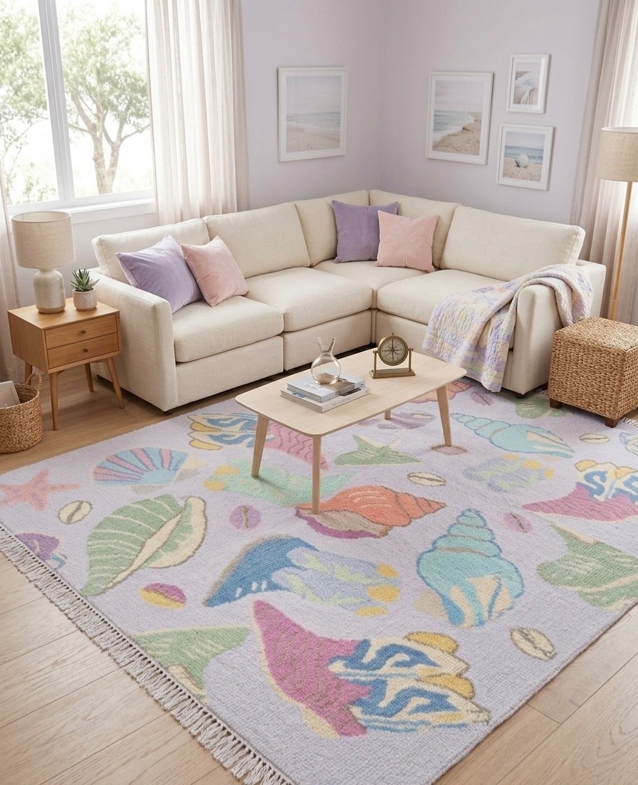 Hand-Knotted 5×8 Area Rug – Pastel Seashell & Starfish Nautical Design