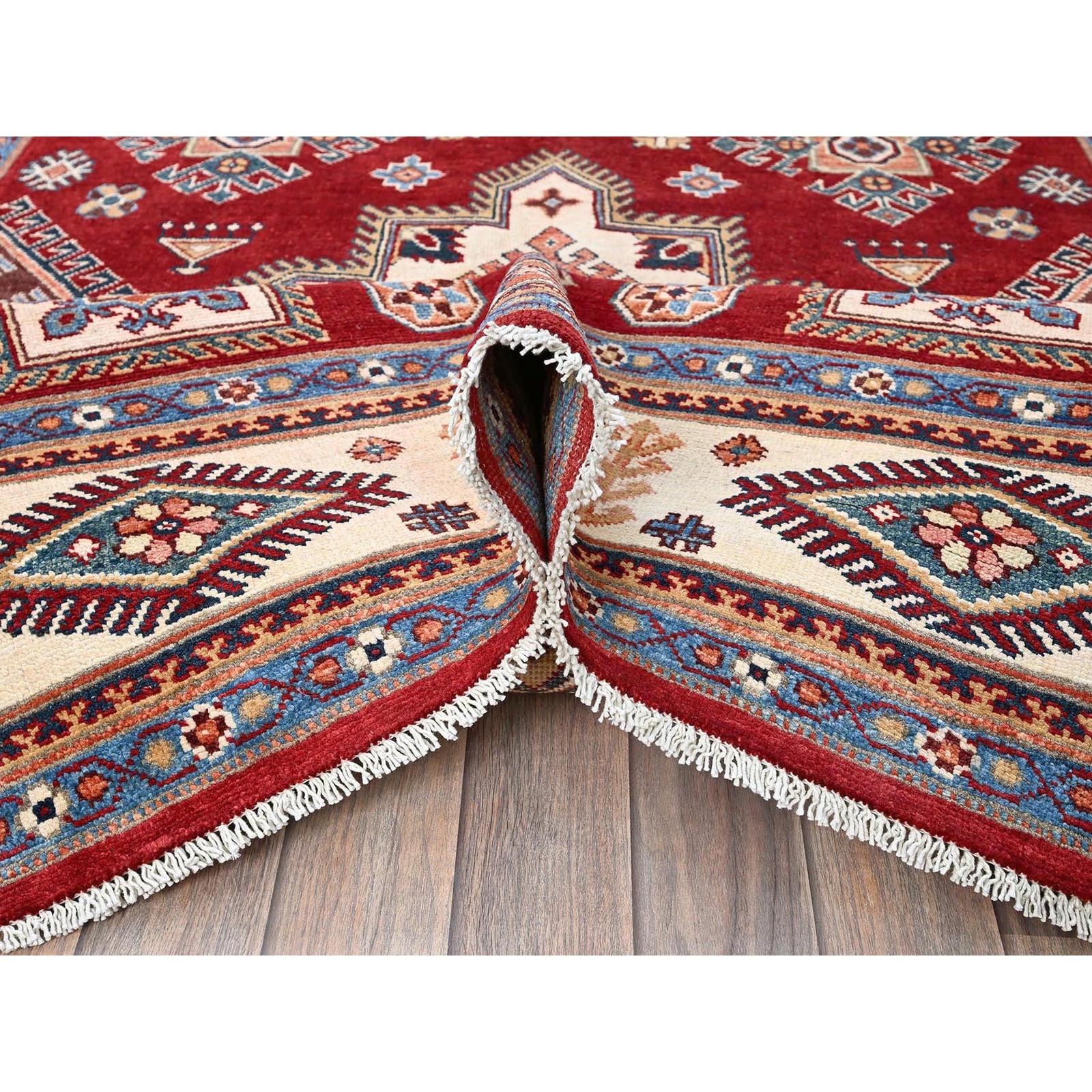 6’x8’10” Red Afghan Special Kazak Geometric Pattern Hand Knotted Wool Rug R315