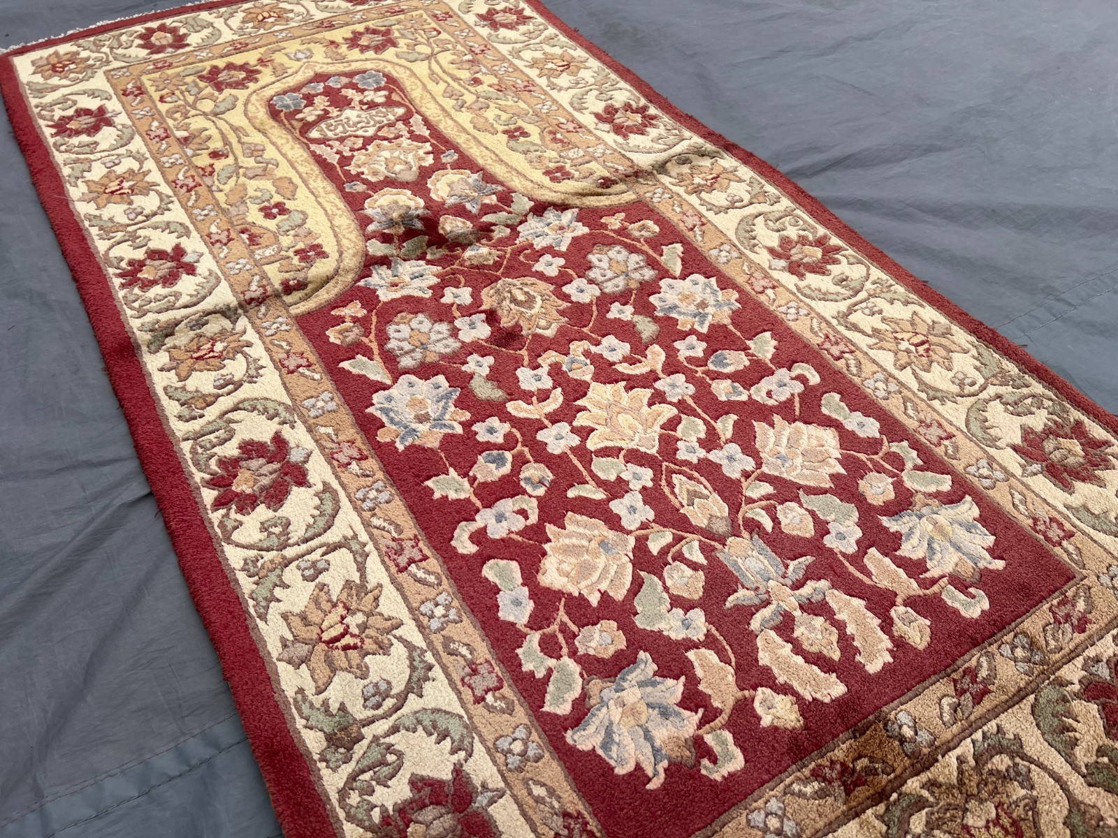 Red Turkish 2×4.1ft Vintage Hand Knotted Silk Rug Prayer Floral Wall Hanging