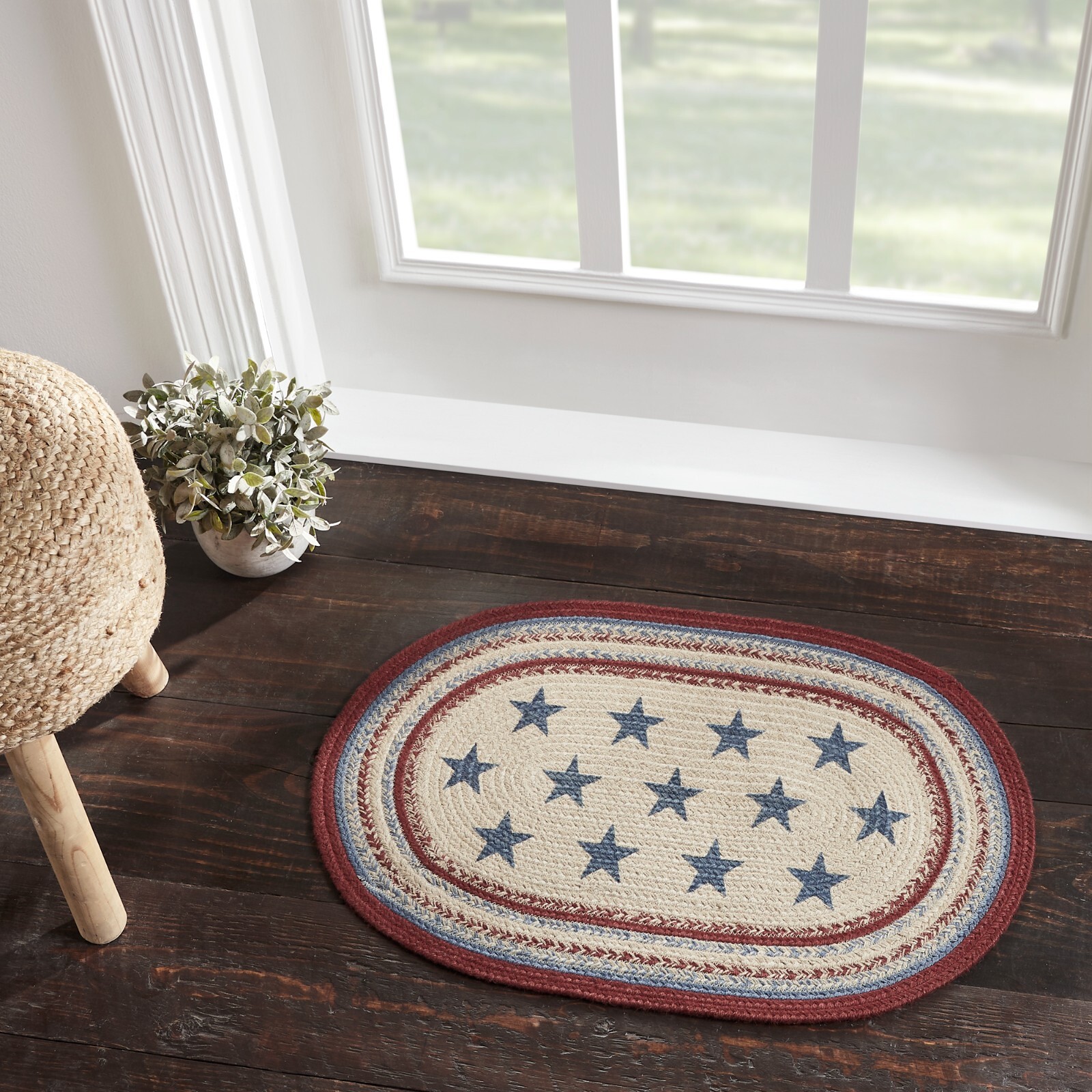 Celebration Jute Rug Oval 20×30 Country Americana Patriotic Red Blue Creme Stars