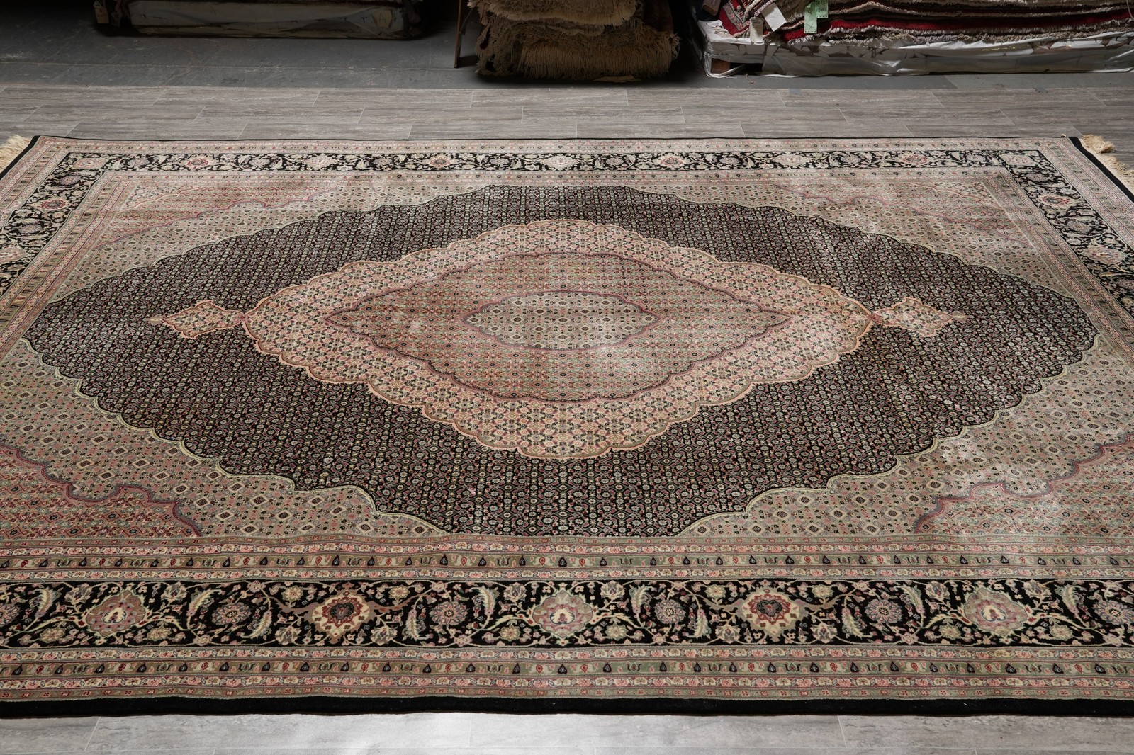 8.10 x 11.10 Black Fine Quality Wool and Silk Tabriiz Mahii Handmade Rug #F-4451