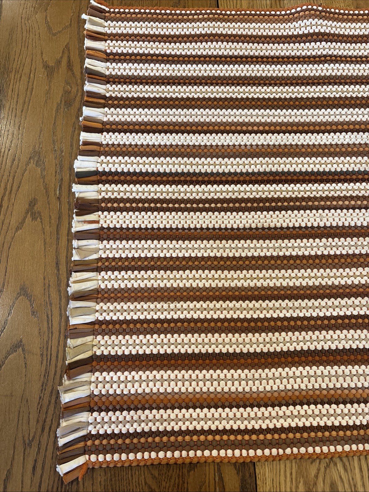 Striped Shades of Brown Woven 24×37” Rag Rug, Fringed Edge, Grannycore Boho