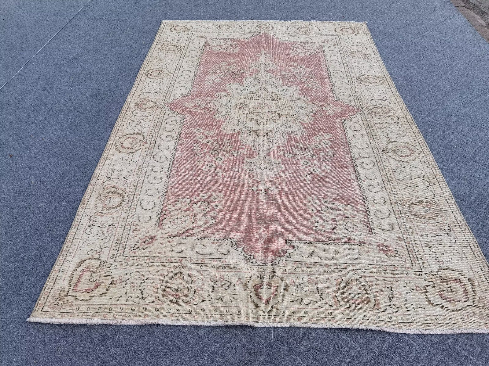 Muted Rose Turkish Rug 6×10 ft Red Vintage Oushak Wool Area Rug Cream Terracotta