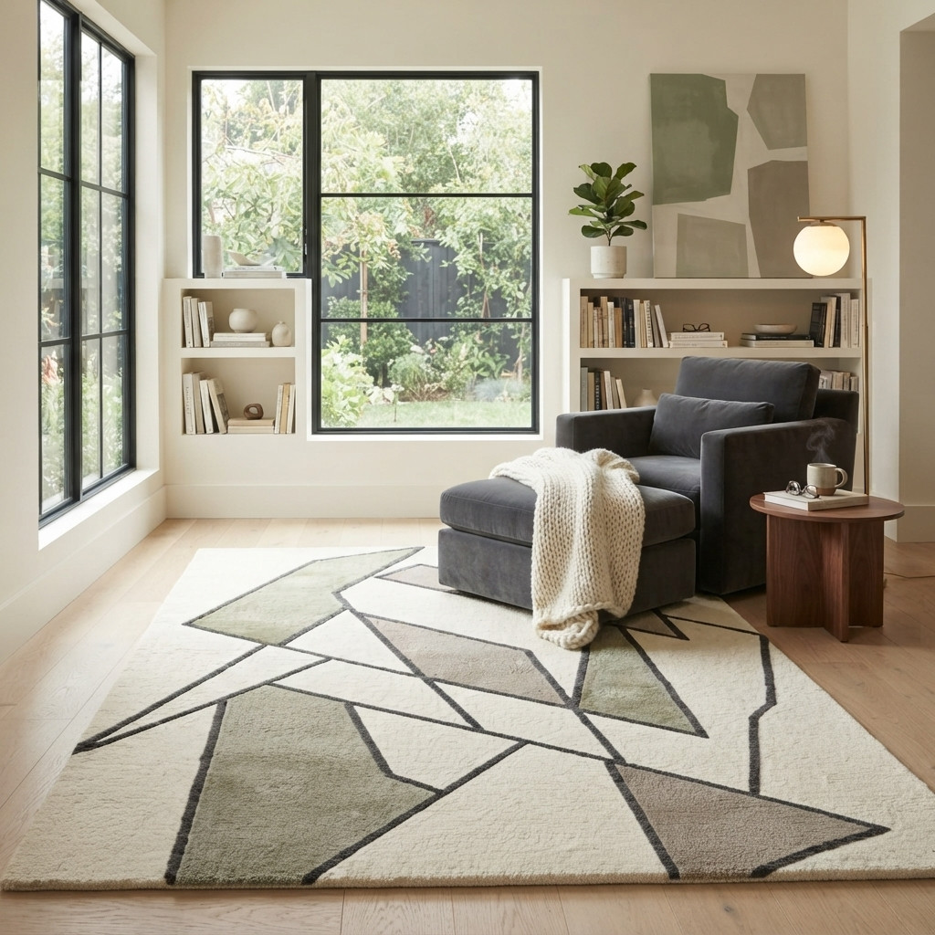 Hand Tufted Wool Area Rug Modern Geometric Abstract Carpet Ivory Green Handmade