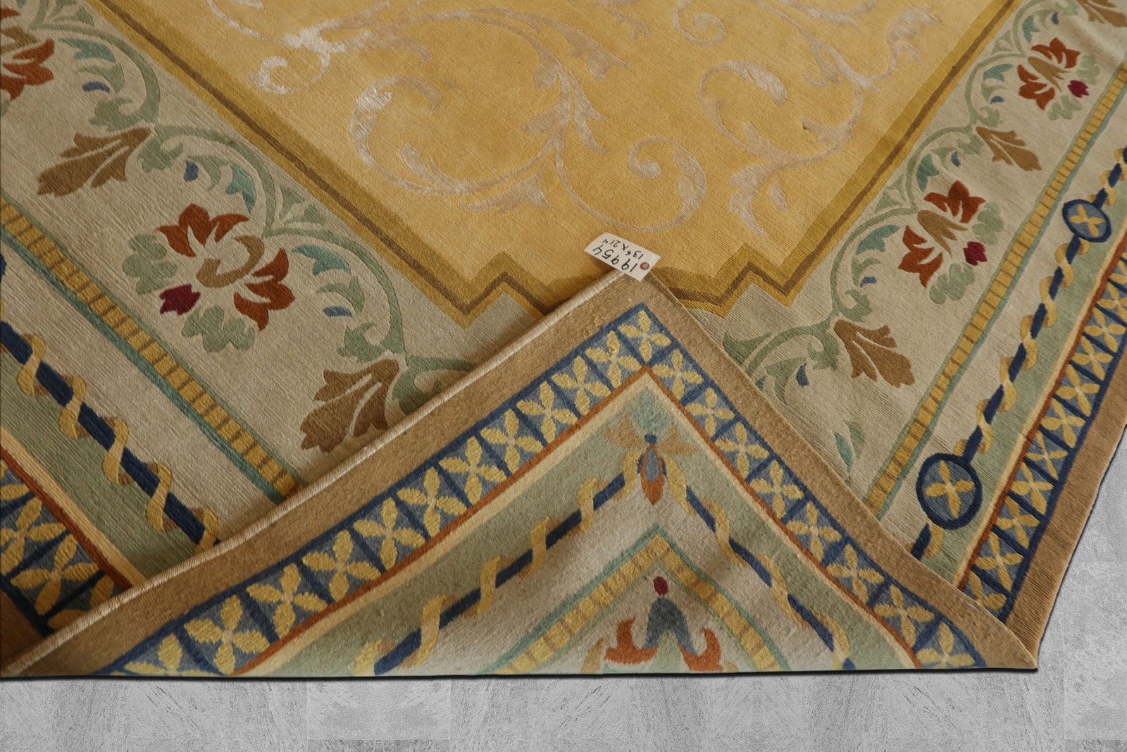 13’6”x21’4” Oversize Hand Knotted Wool & Silk Light Gold Tibetan Rug