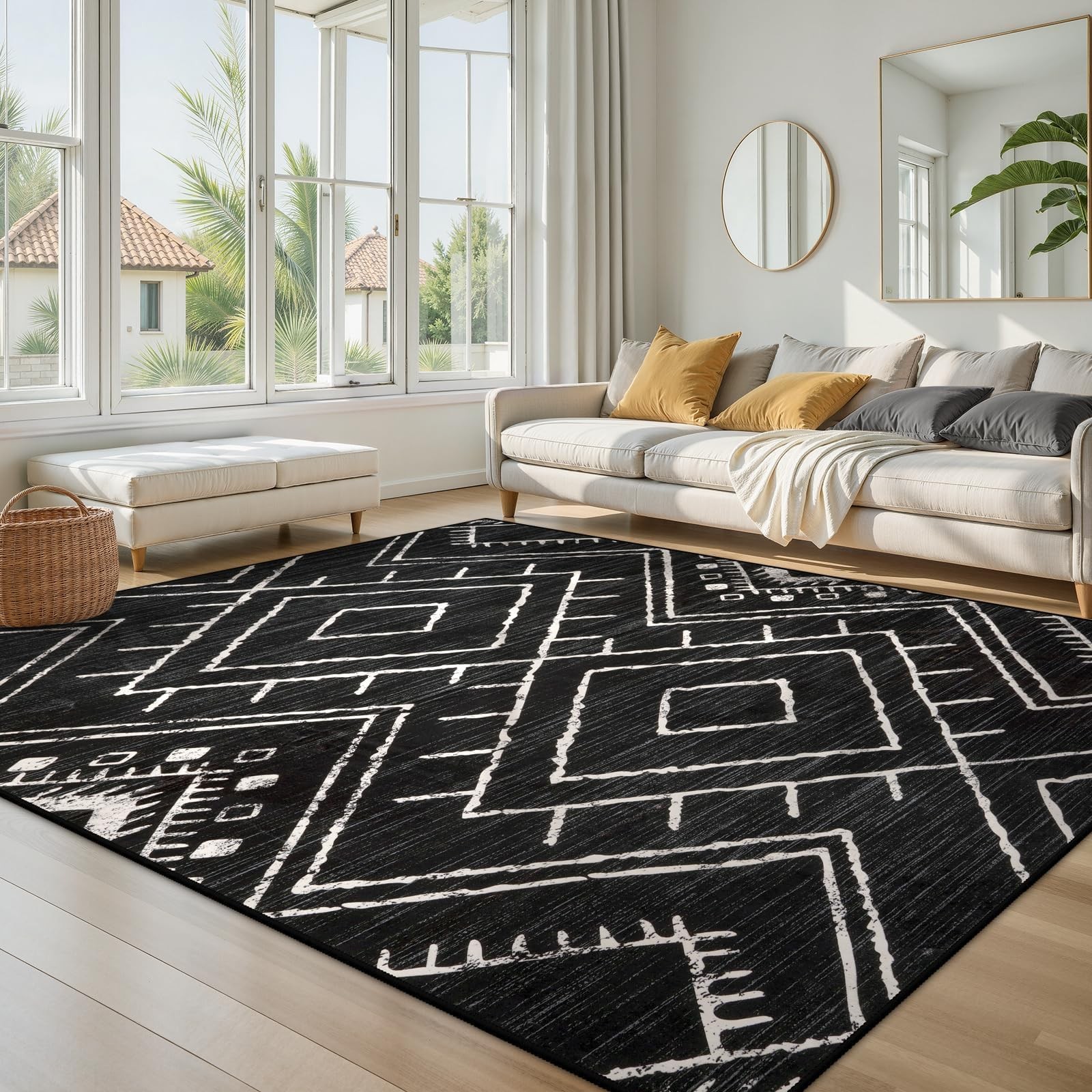 Moroccan 8×10 Area Rug, Black Washable Rugs for Living Room Bedroom, Non Slip…