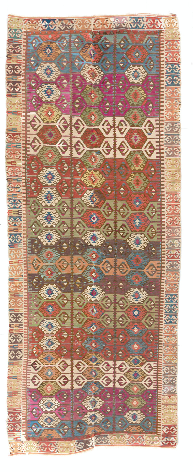 4.8×12.2 Ft Antique Turkish Konya Kilim Rug, Flat-Weave Floor Covering, Ca 1890