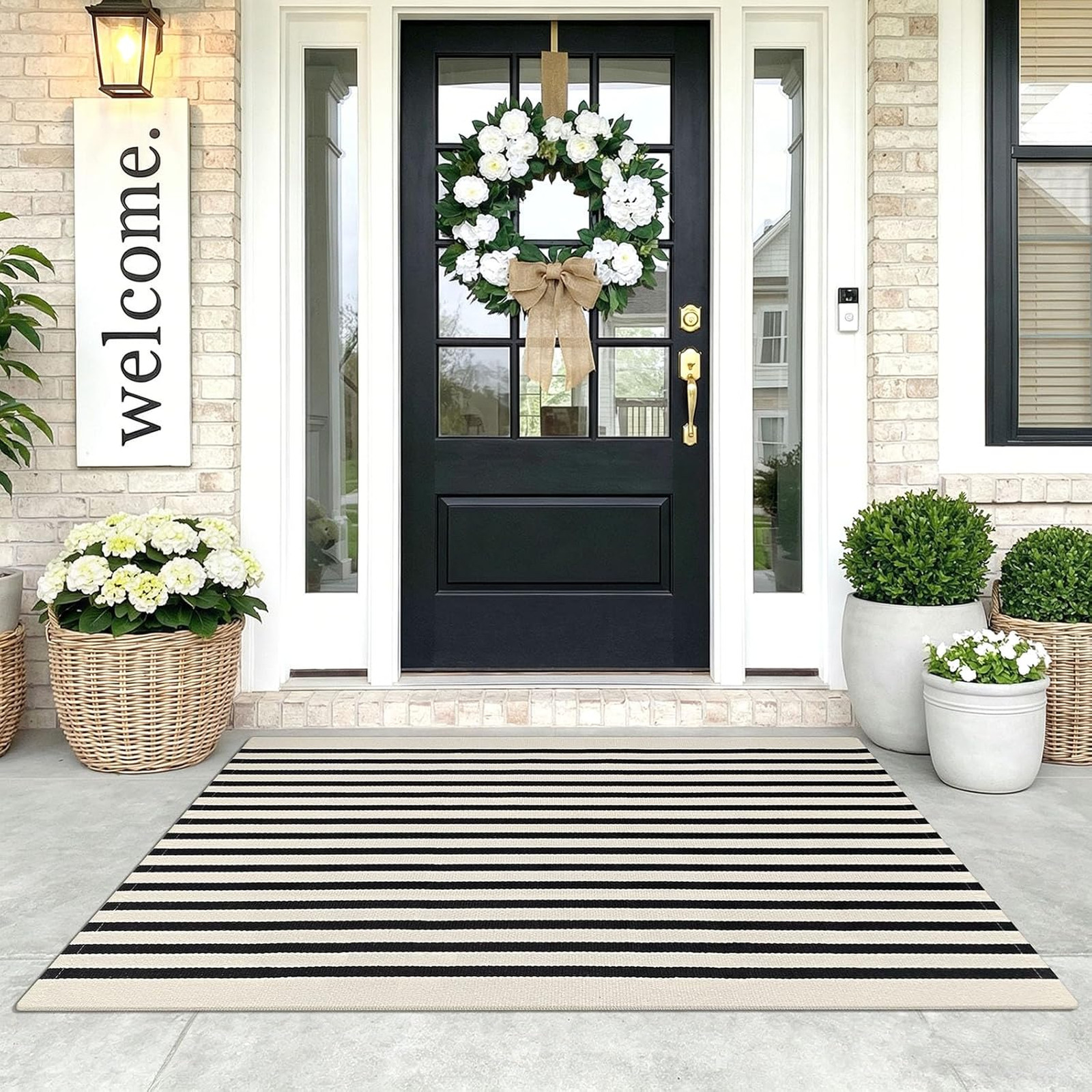 Cotton Area Rug 3×5 Feet Black Beige Striped Indoor Outdoor Hand Woven Machine