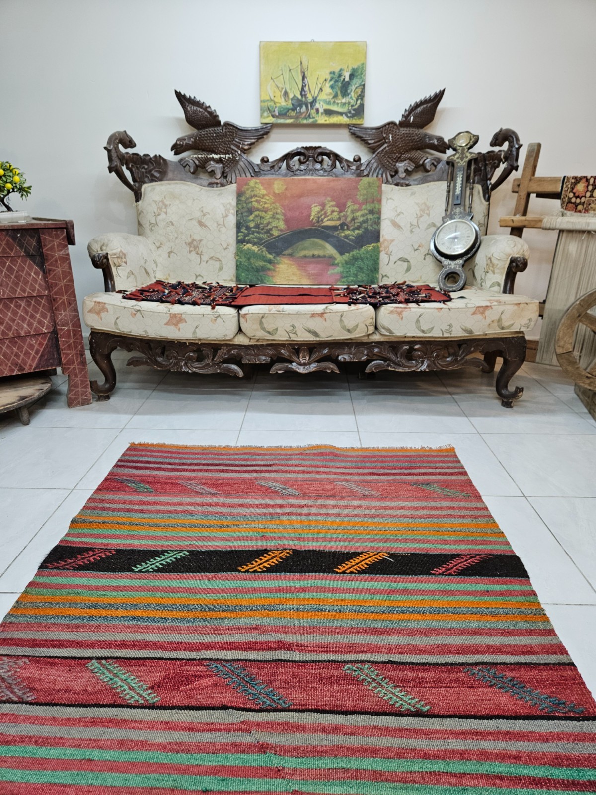 Red Turkish Kilim Rug for Living Room, 3.7 x 7.1 ft Handknitted Woolen Kilim Rug