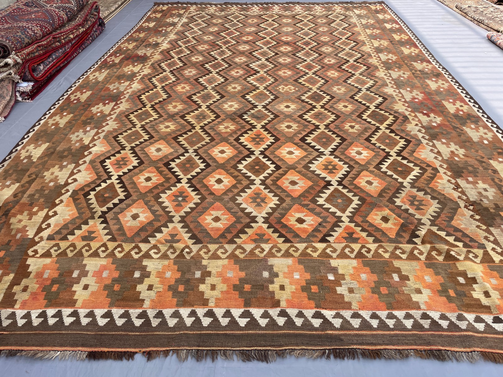 9×15 Rustic Afghan Area Kilim Rug with Framed Diamond Motifs N Wide Tribal Bord