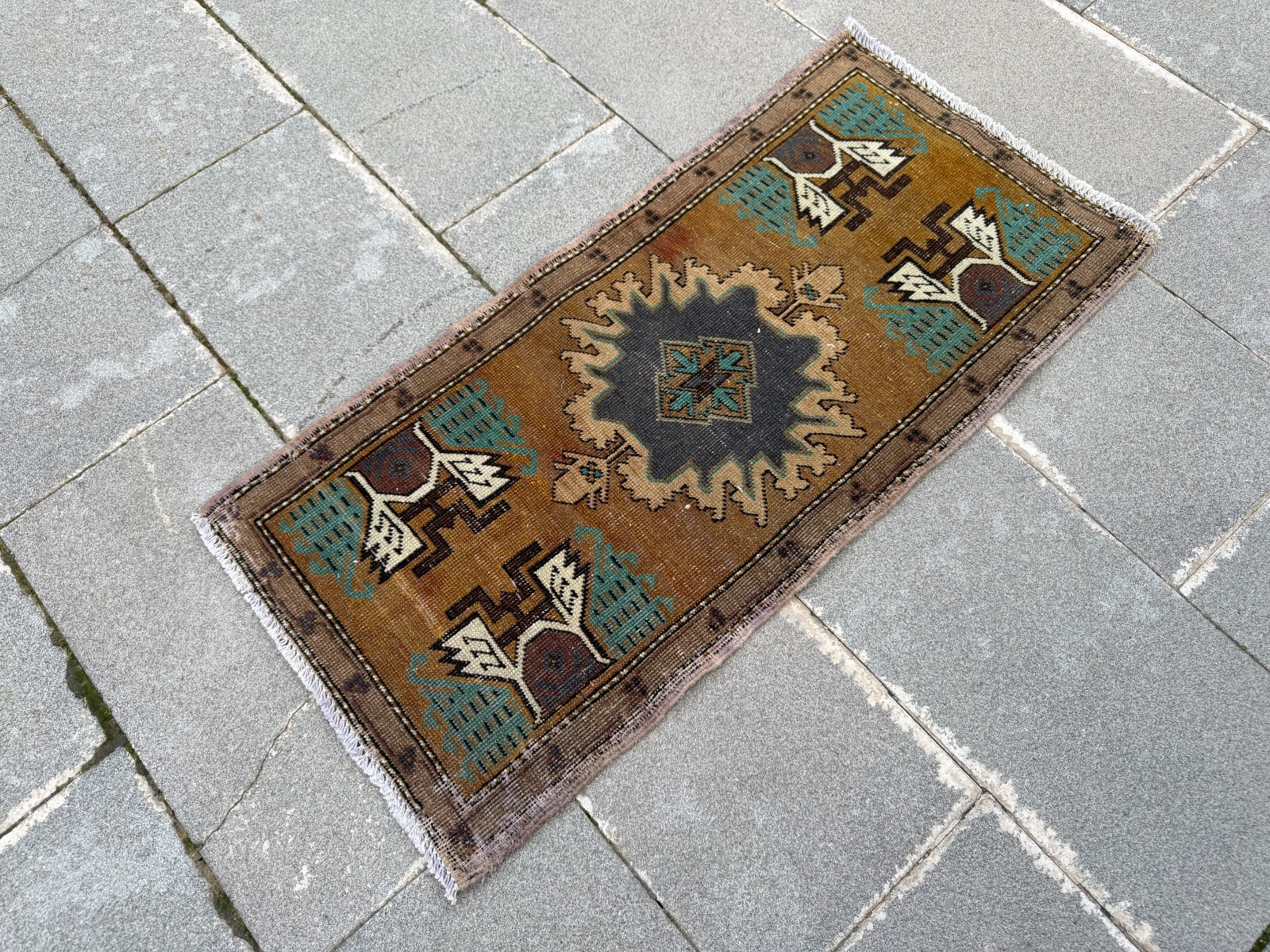 Vintage Turkish Rug 1.7×3.6 ft Tobacco Brown Charcoal Boho Accent Rug