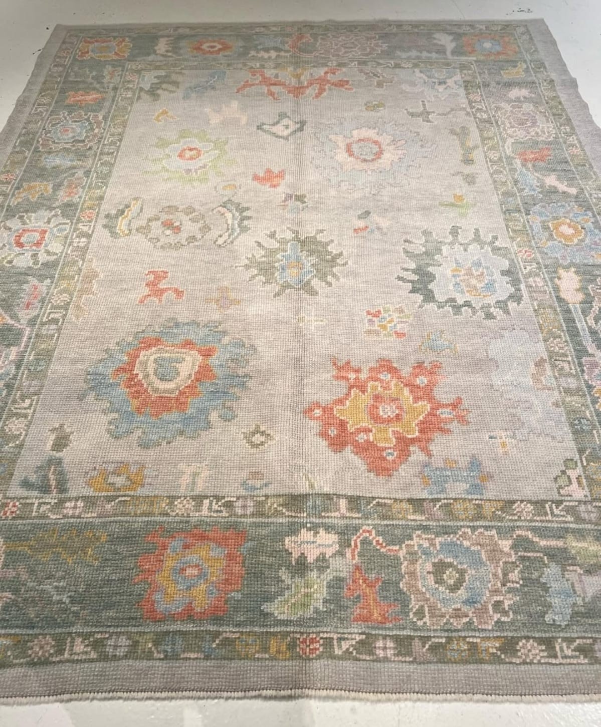 Hand Knotted Oushak Rug Muted Gray Green Wool Area Rug Pastel Floral Turkish Rug
