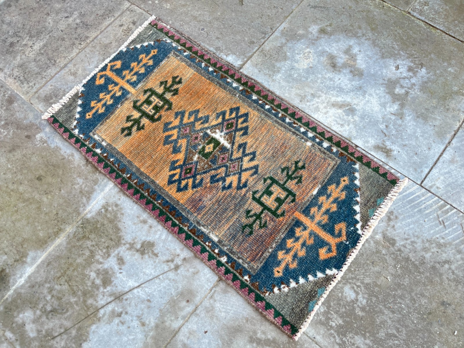 Vintage Turkish Small Rug 1.3×2.6 ft Anatolian Tribal Wool Distressed Mat