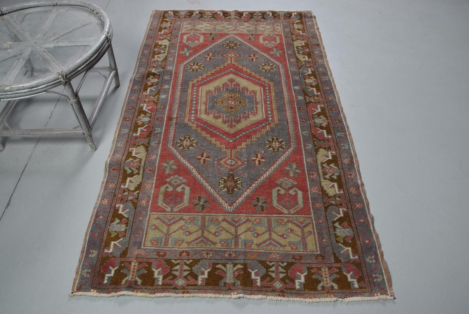 Vintage Rug, 3,8×6,46 ft Turkish Rug, Red Brown Check Wool Rug