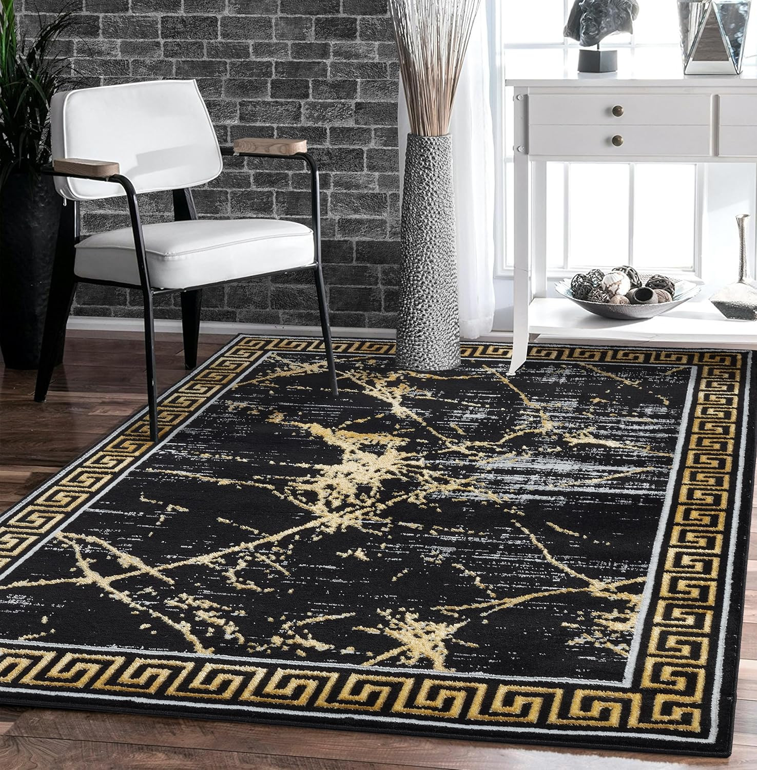 Modern Black and Gold Marble Area Rug 5×7 for Living Room and Bedroom
