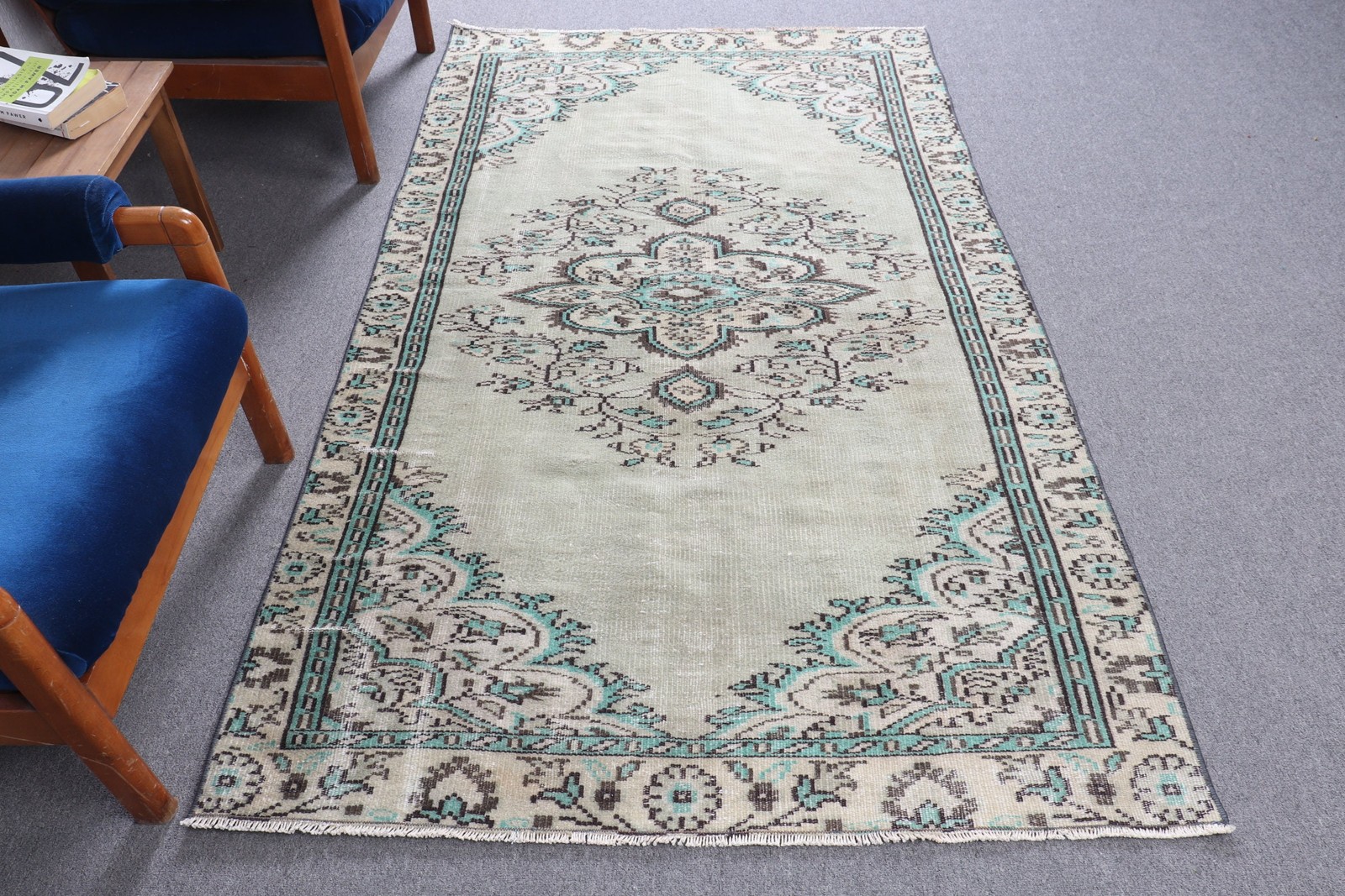 4,3×7,4 ft Rug, Turkish Vintage Rug, Blue White Wool Rug