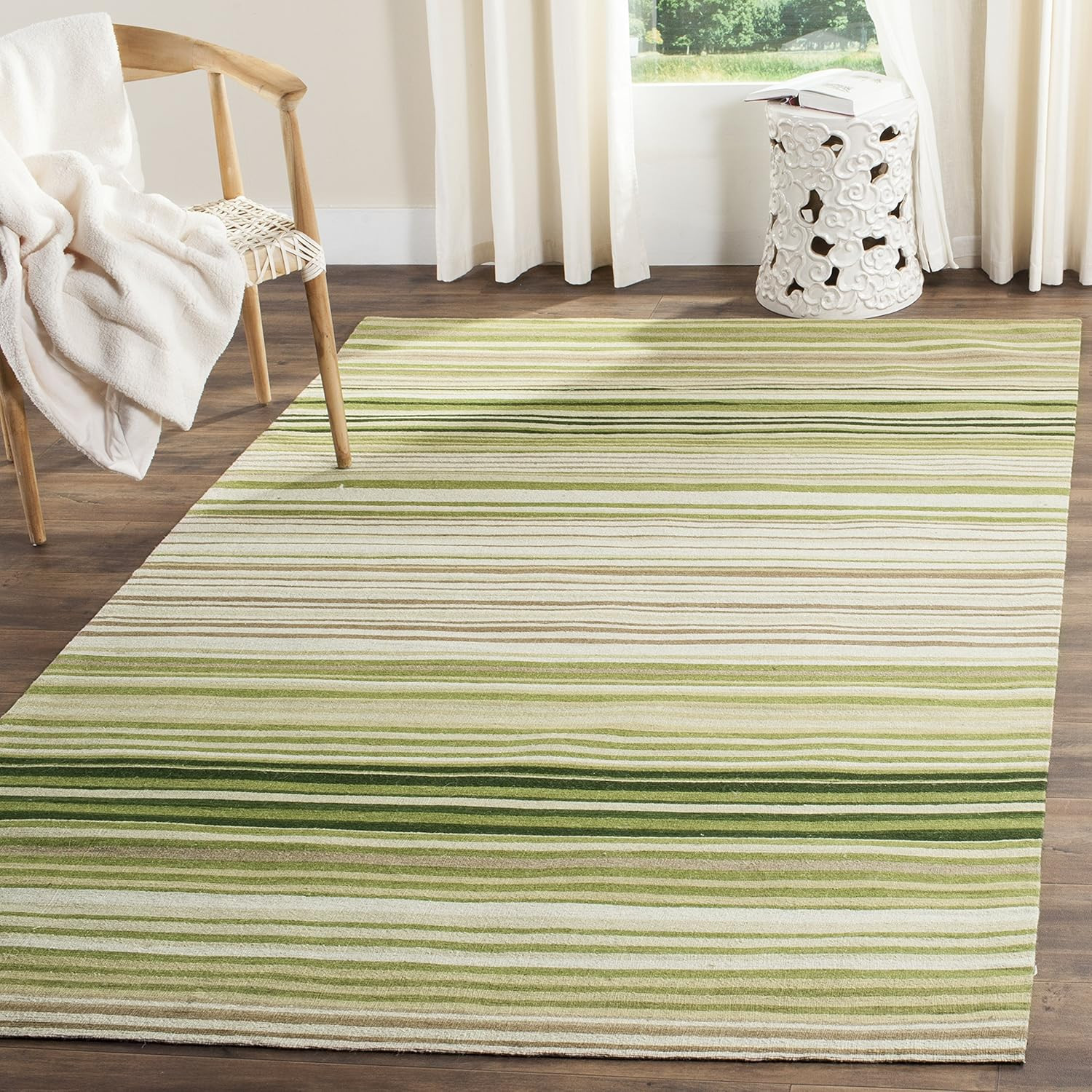 Handmade 8×10 Green Wool Area Rug – Marbella Stripe for Living Room & Office