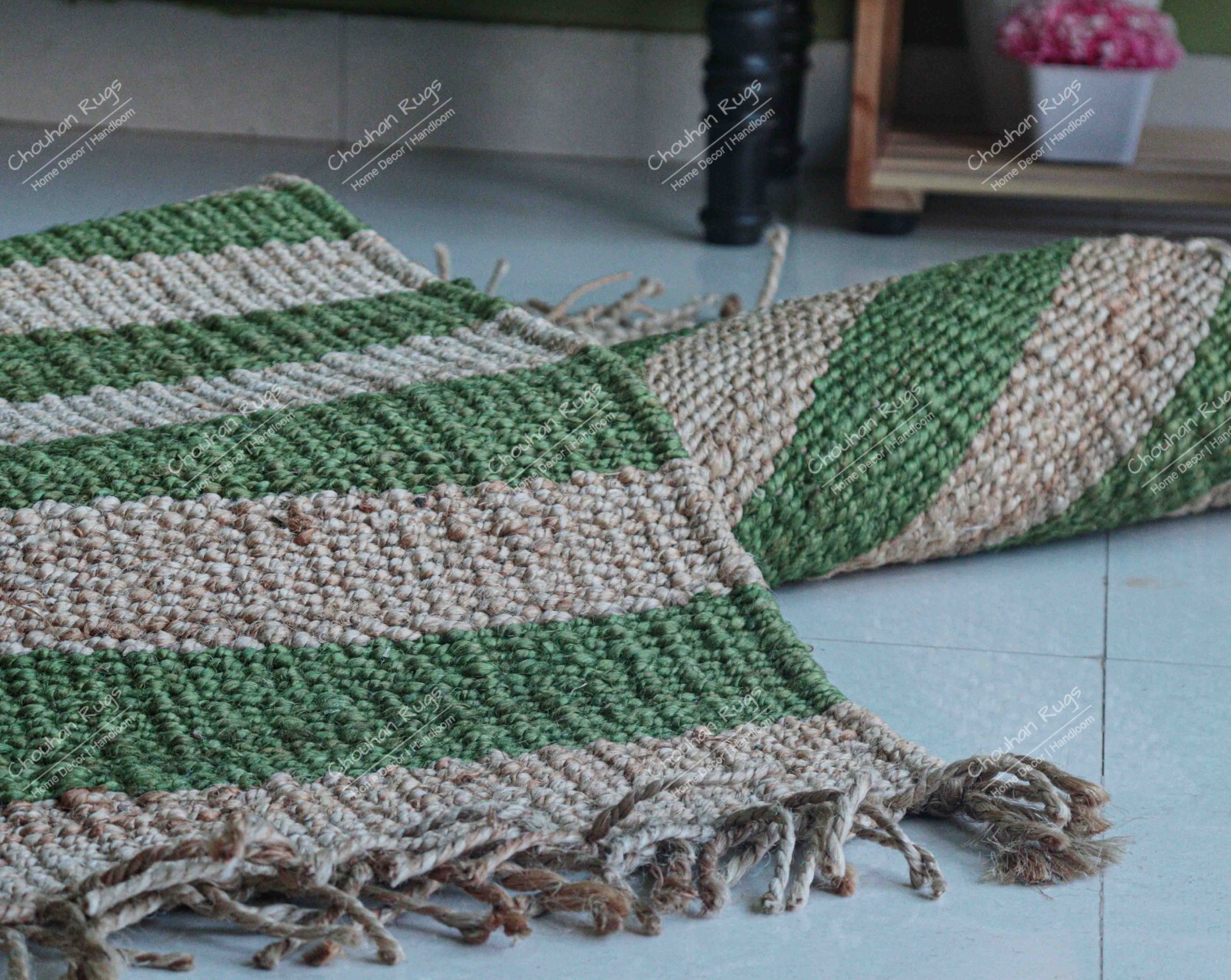 Beige Jute Rug And Green Stripes Line Natural Rectangle Rug Vintage Jute Rug
