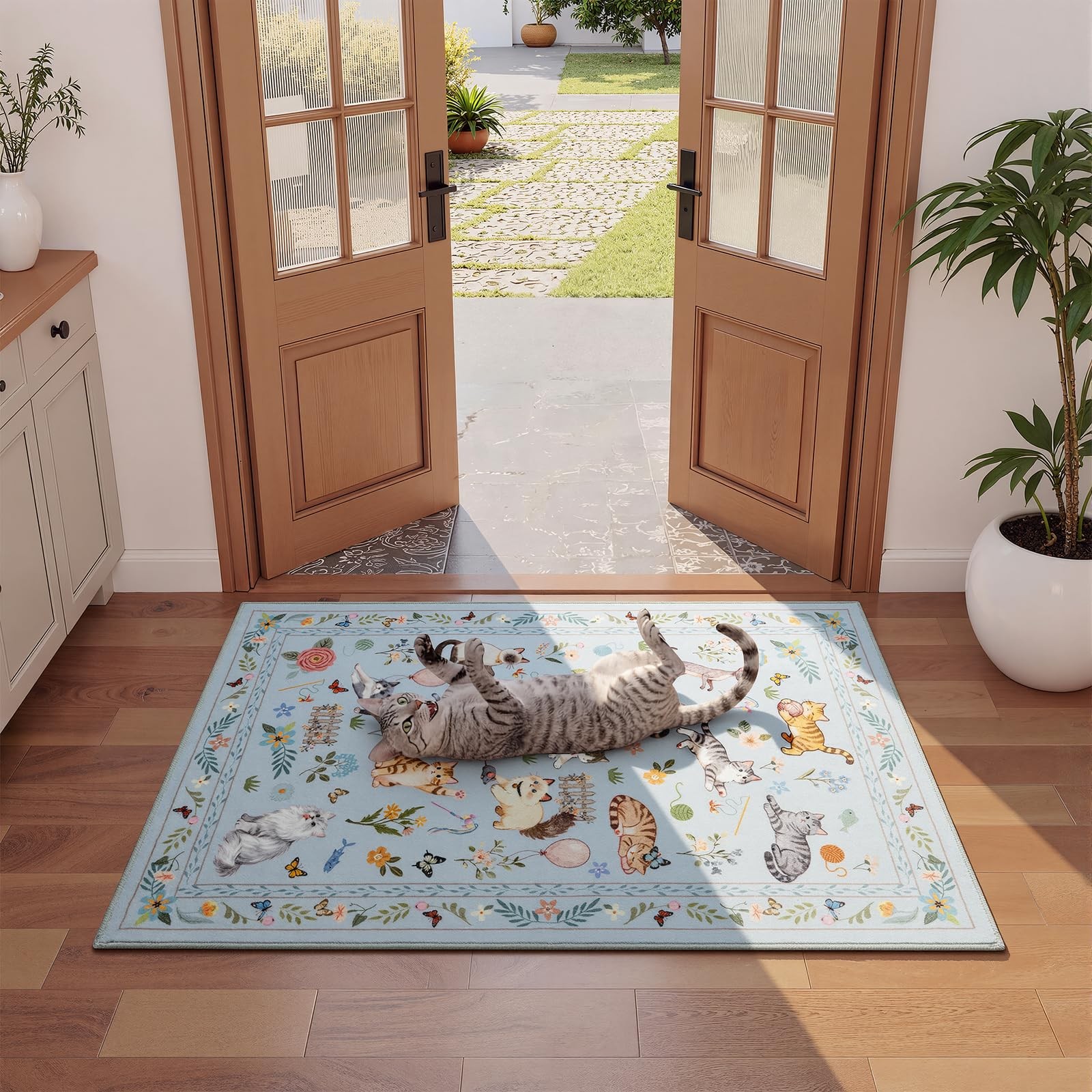 2×3 Small Light Blue Grey Washable Cat Area Rug, Door Mat Indoor Entrance Rug…