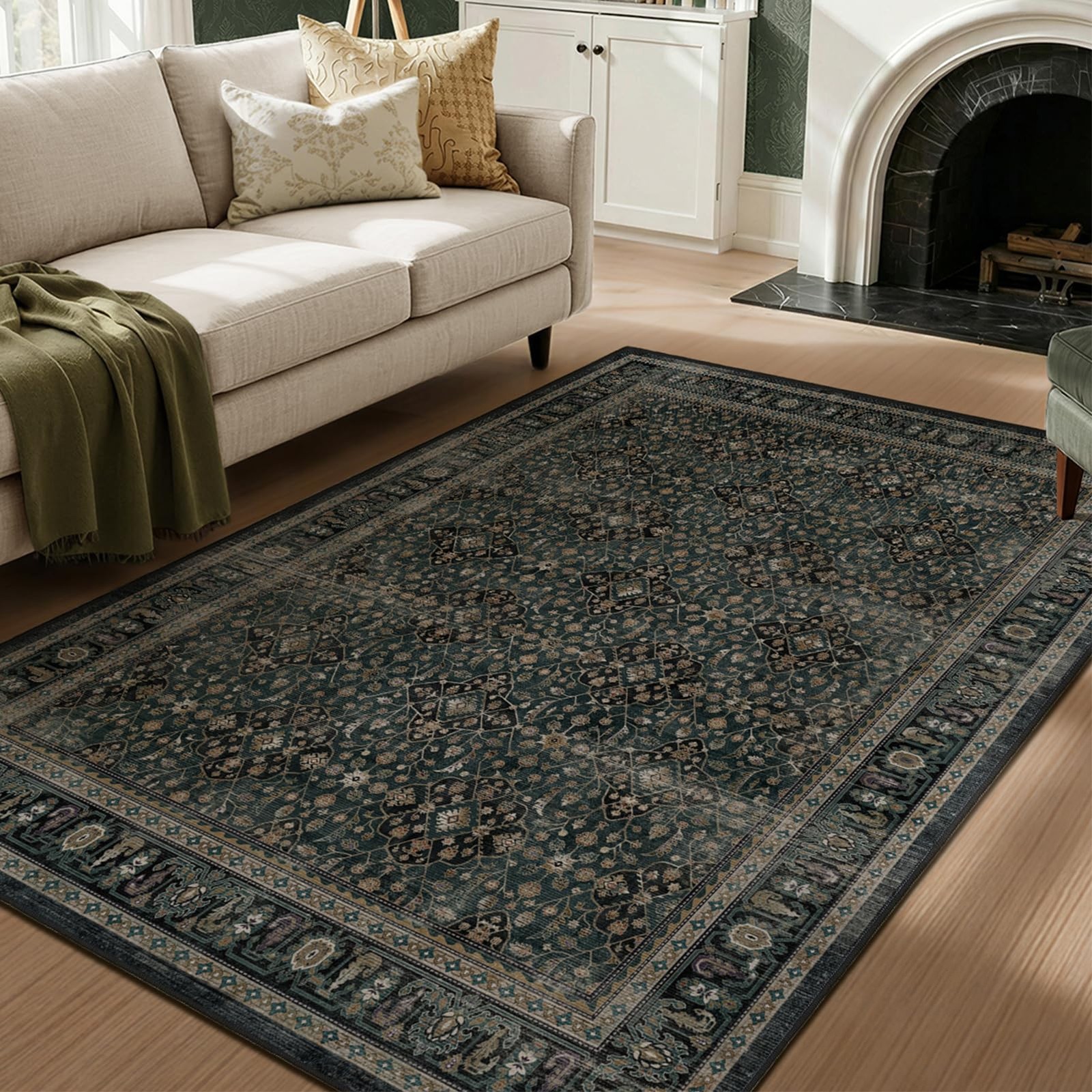Dark Teal 5×7 Rugs for Living Room Bedroom, Washable Rug with Vintage Floral …