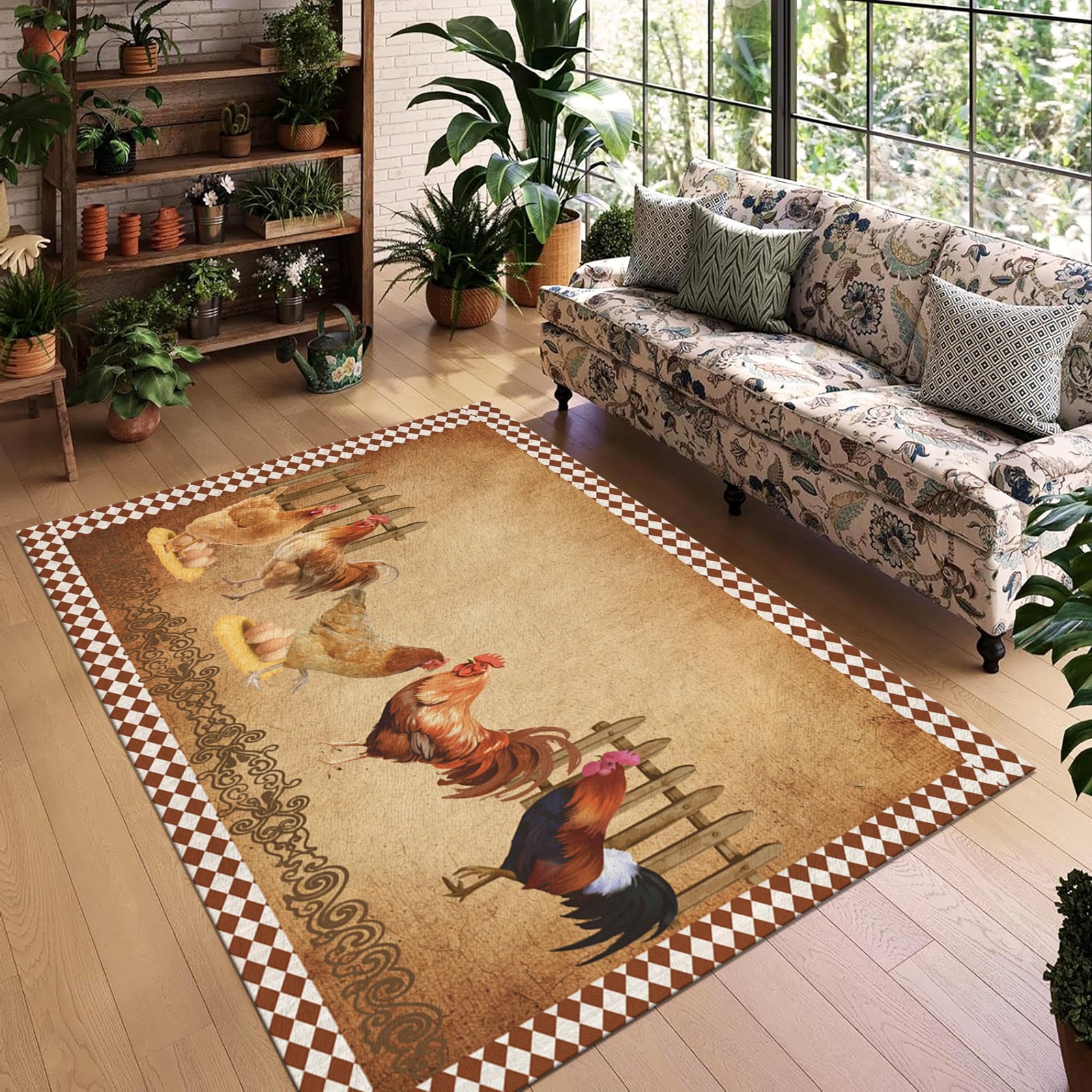 Bxpzhwei Vintage Farmhouse Rooster Area Rug 3X5Ftbrown Hen Red Rooster Living