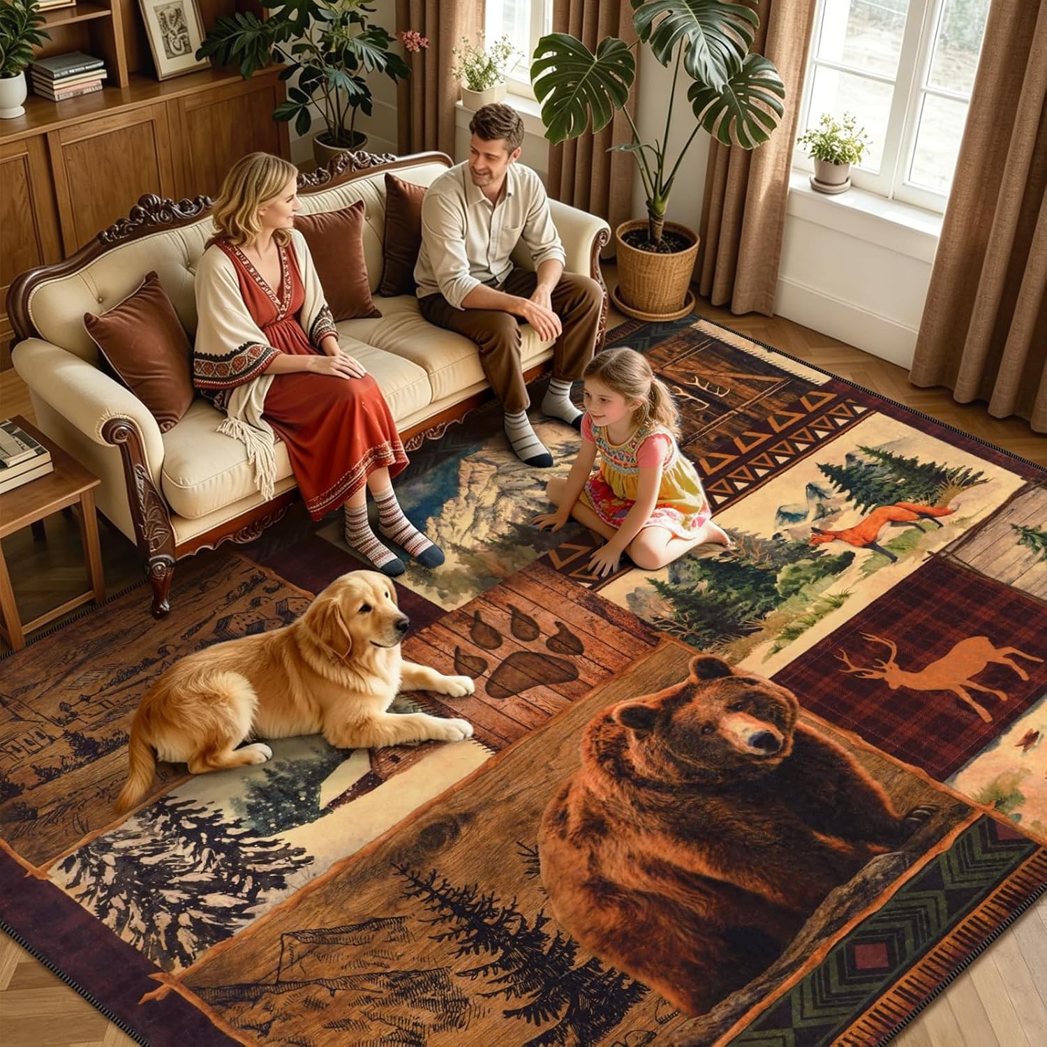 9x12ft Rustic Lodge Cabin Bear & Moose Area Rug