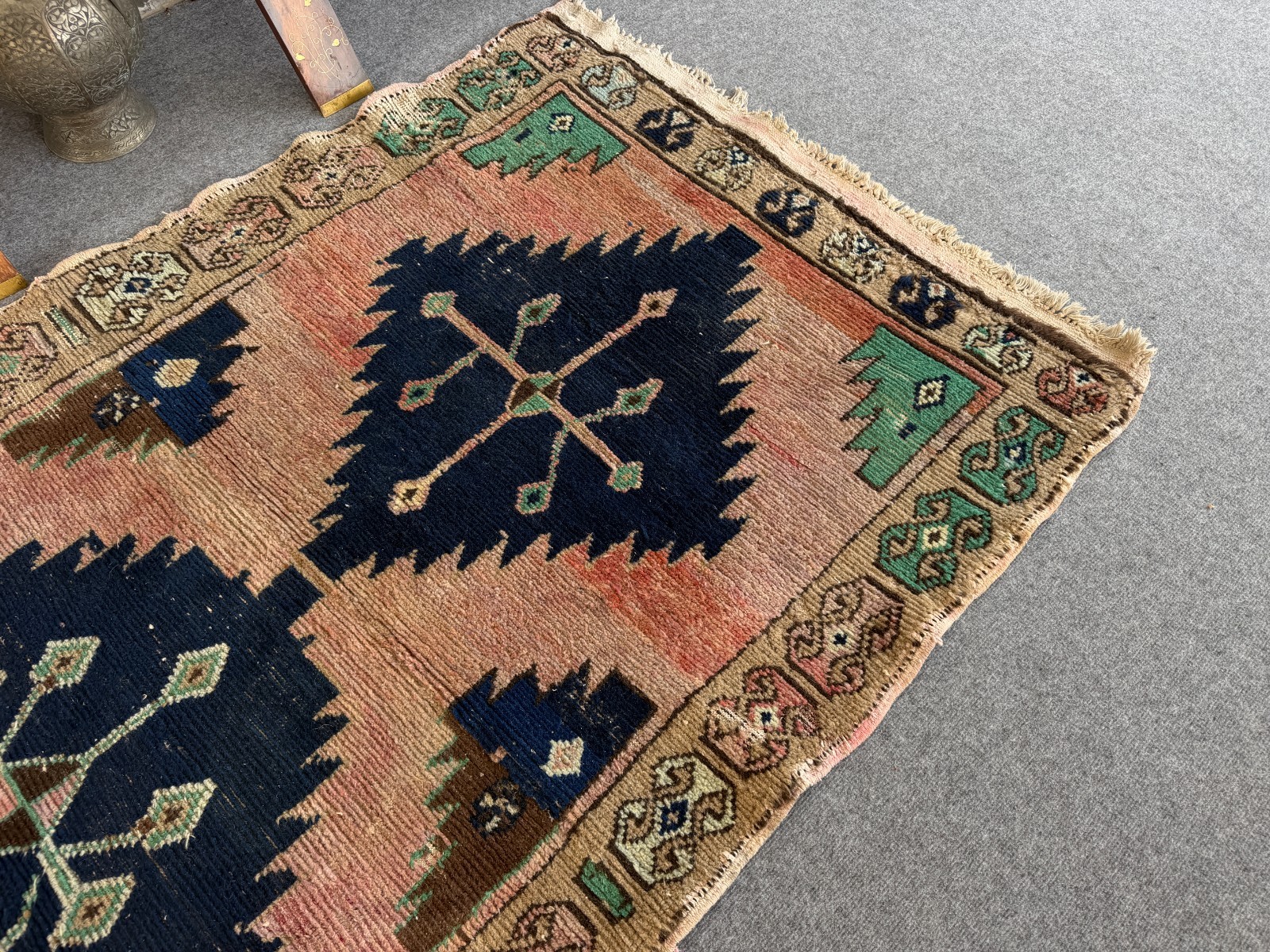 Vintage Turkish Oushak Rug 3×5 Ft, Handmade Anatolian Wool Rug Blue Boho Accent