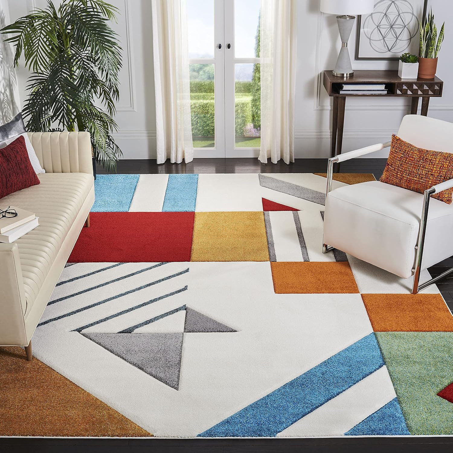 SAFAVIEH Hollywood Collection Area Rug – 9′ X 12′, Ivory & Peacock Blue, Mid-Cen