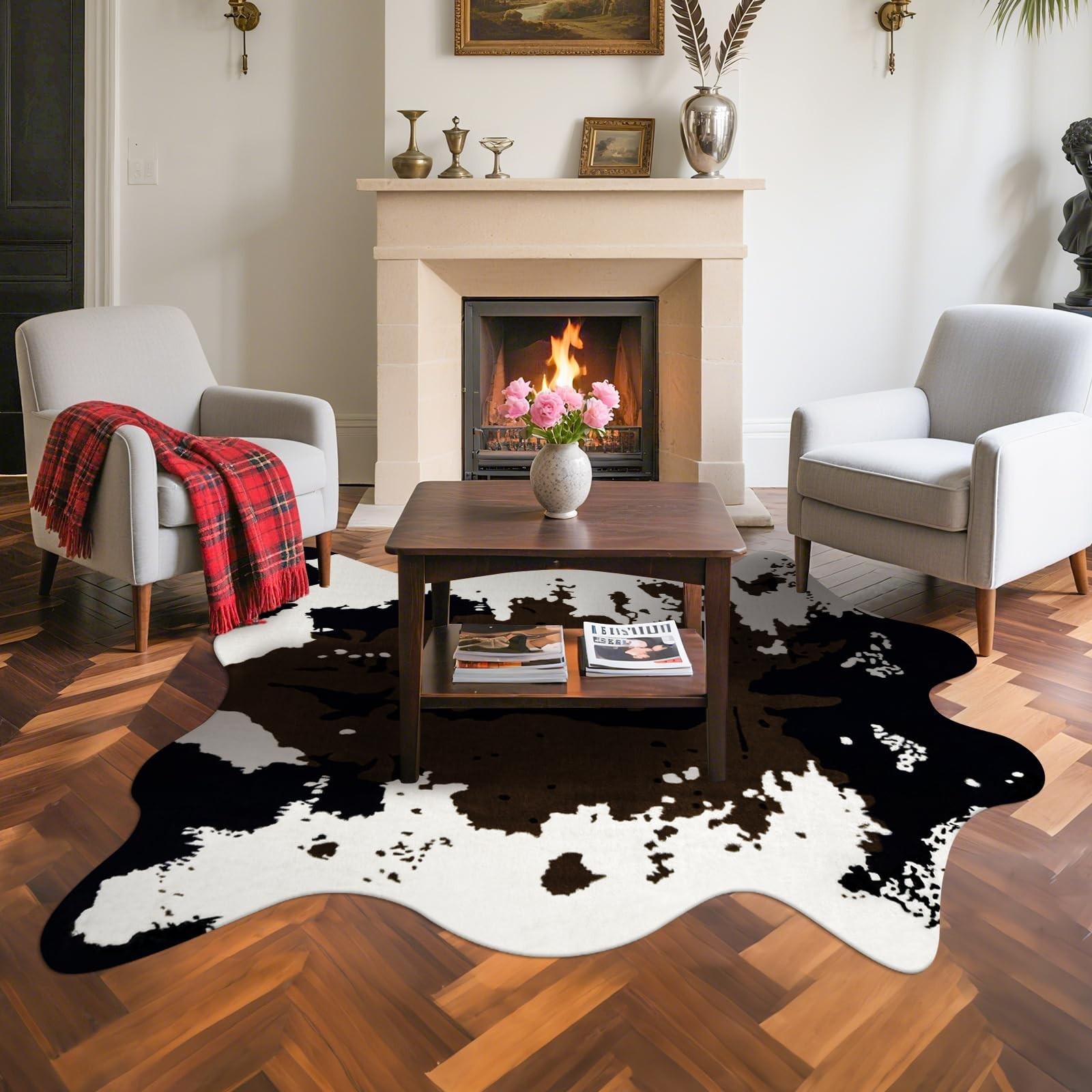 Large Faux Cowhide Rug 4.6×5.2 Ft – Premium Cow Print Area Carpet for Home Decor