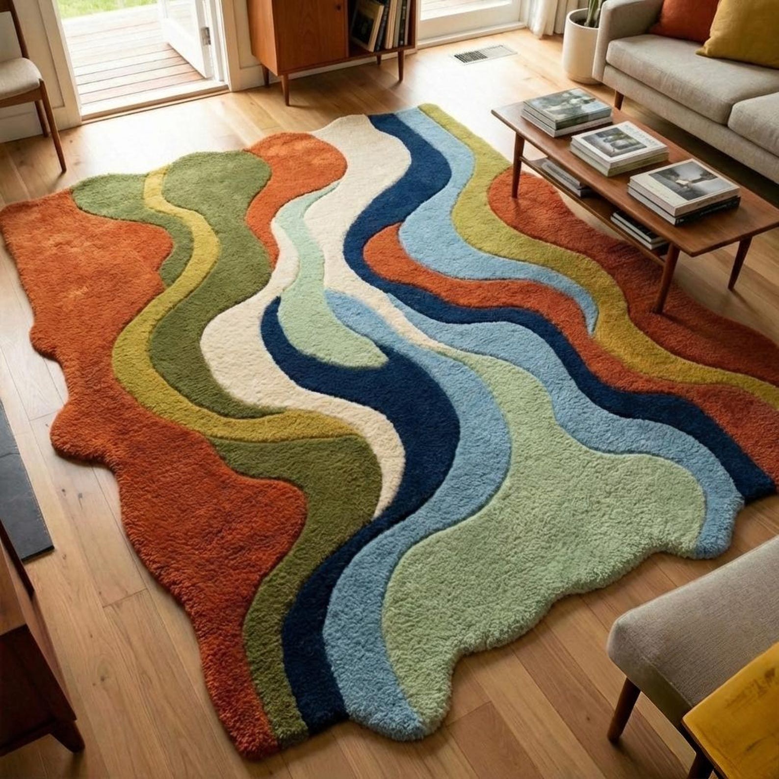 Modern Abstract Wave Rug Irregular Shape Navy Rust Sage Green Large Living Room