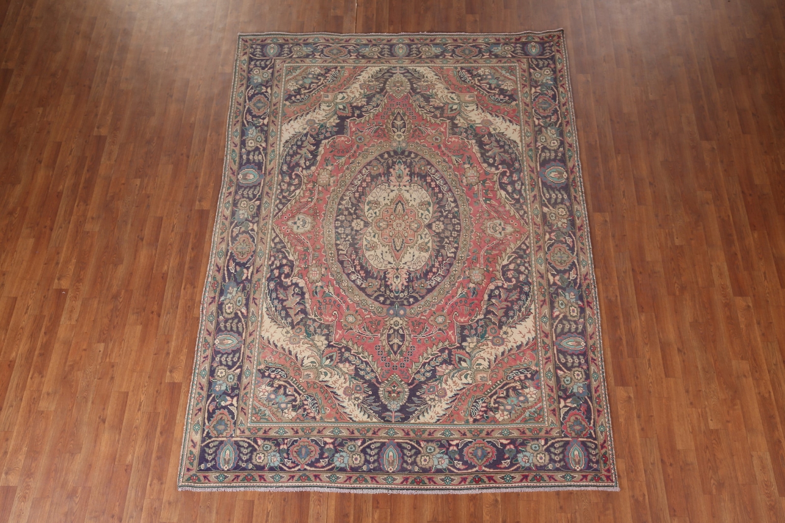 Vintage Pink/ Navy Blue Wool Tebriz Area Rug 7×9 Traditional Living Room Carpet