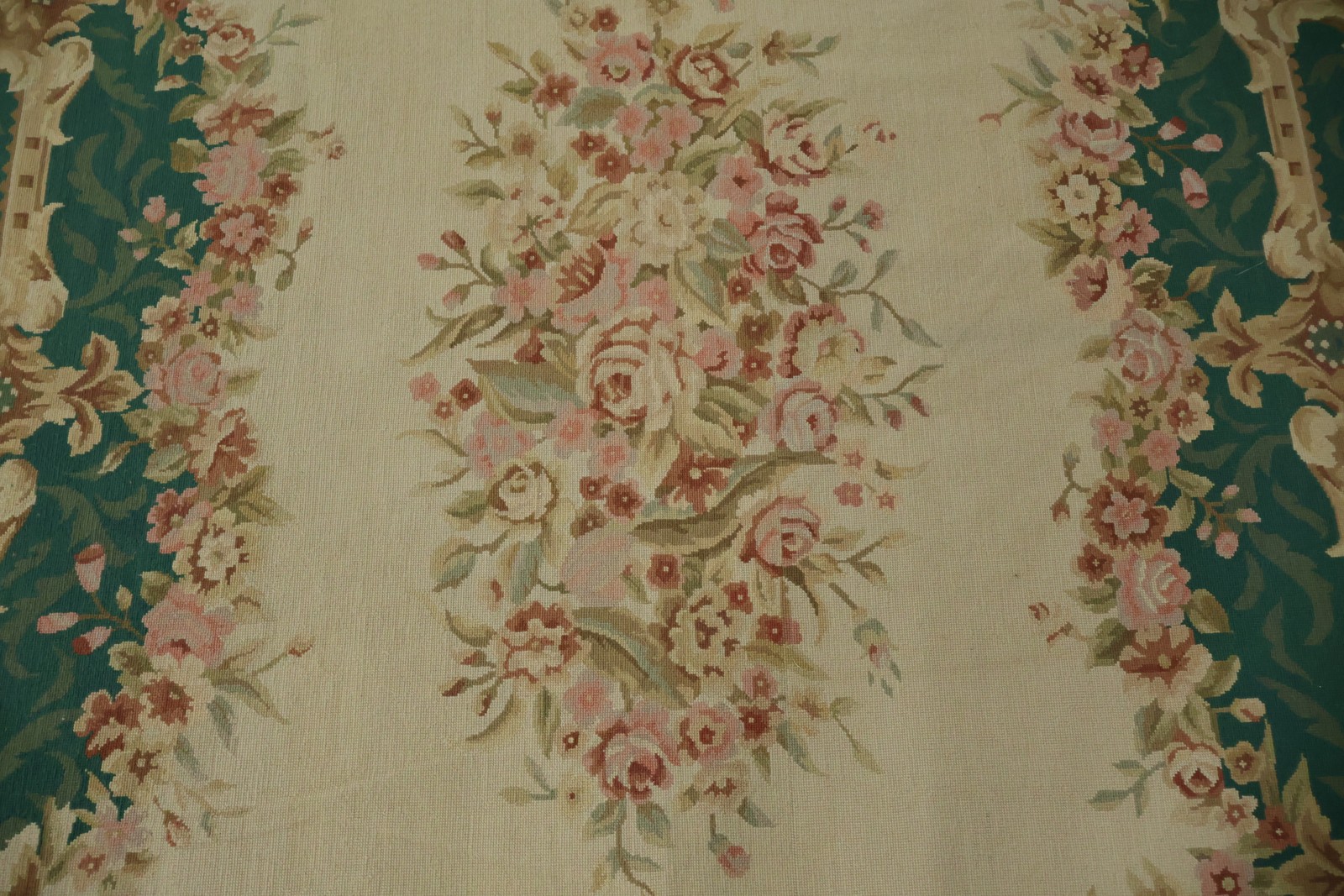 Green Needle-Point Area Rug 9×12 Elegant Victorian Aubusson Tapestry Chinese Rug
