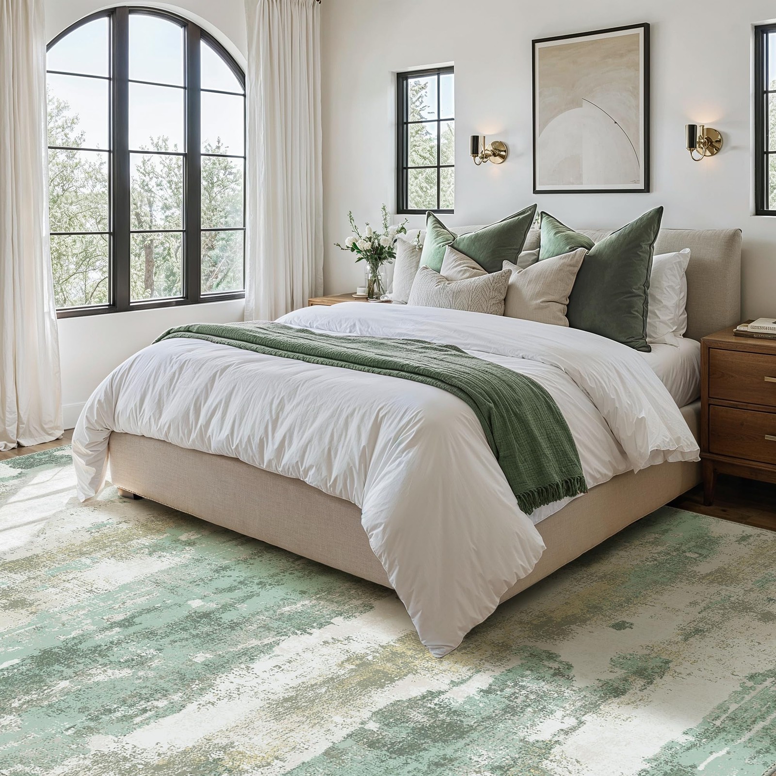 Area Rugs 5×7 for Living Room Bedroom, Modern Abstract Machine 5’x7′ Sage Green