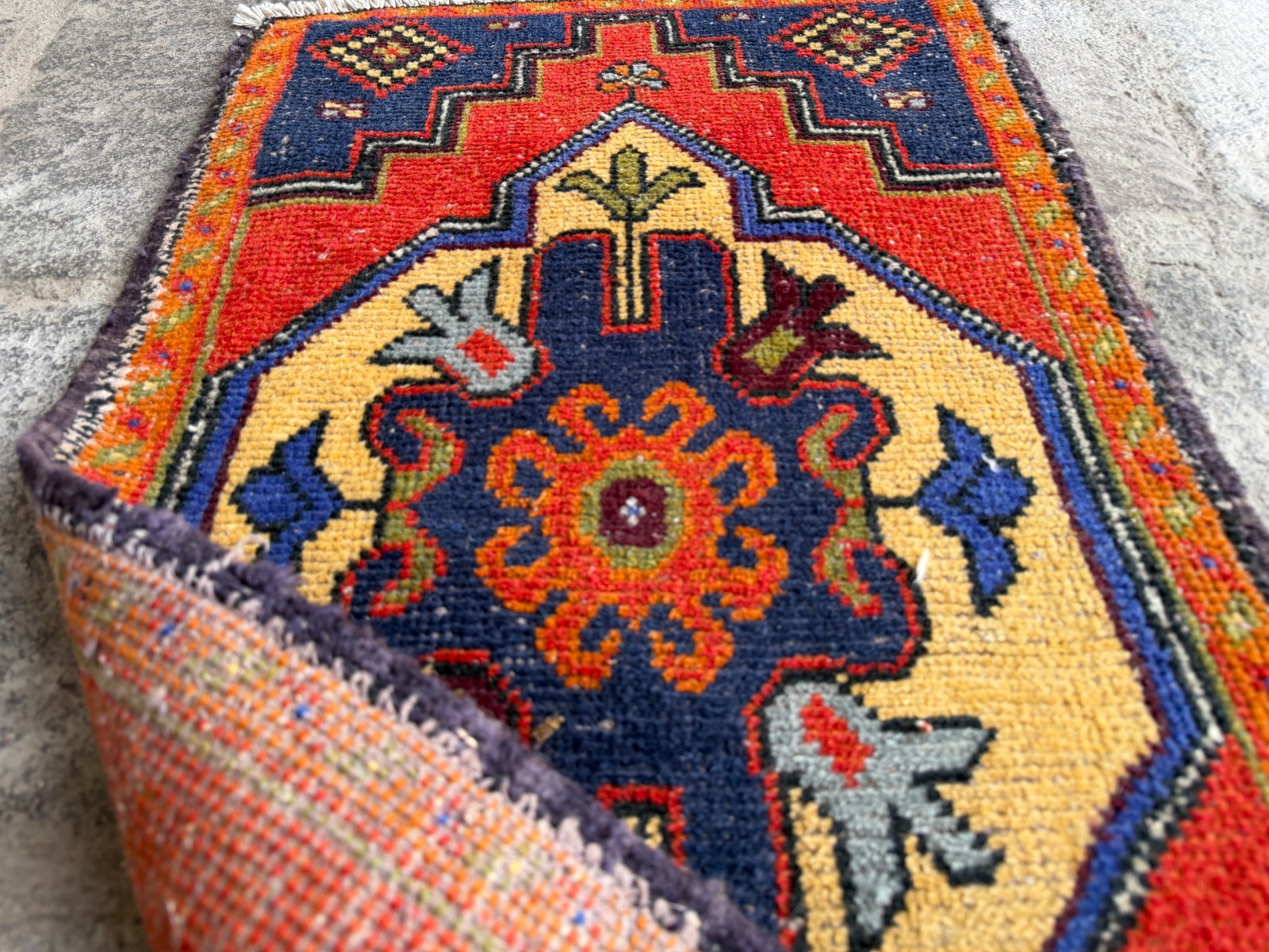 Vintage Turkish Oushak Rug 1.9×3.7 ft Red Navy Boho Hand Knotted Wool Rug