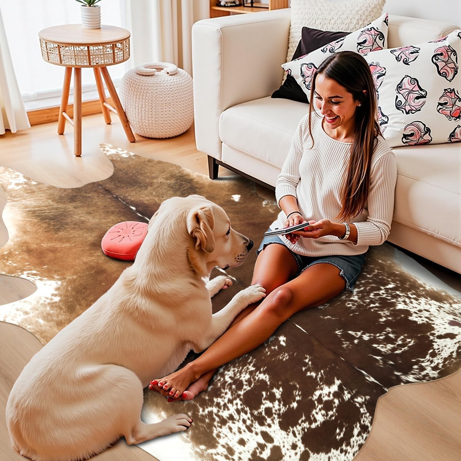 Easycozy Faux Cowhide Cow Print Rug 6.2 x 7 Western Decor Faux Cowhide