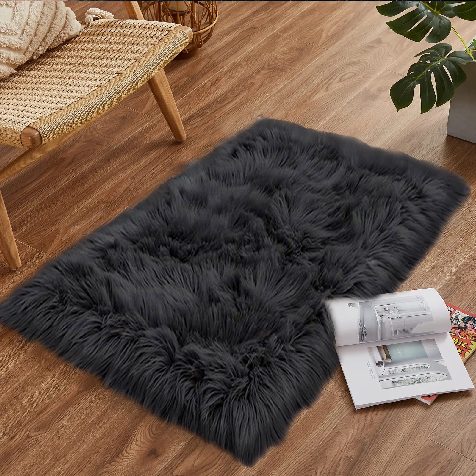 Black Fluffy Faux Fur Rug 2×3 Black Fuzzy Furry Sheepskin Rug Small Carpet for B